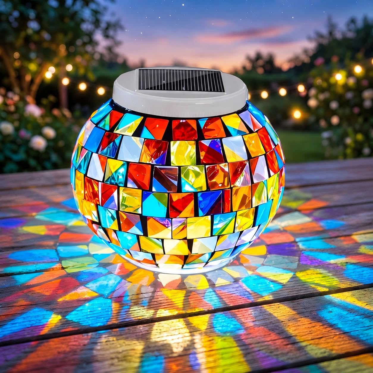 Solar Table Lights Outdoor,Color Changing Glass Mosaic Garden Light