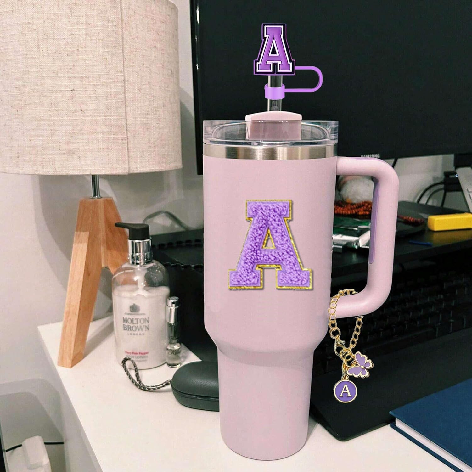9pcs Cup Accessories Set, Butterfly Straw Cover Cap for Stanley Cup 30oz/40oz,Sticker for Stanley Decorations,Initial Letter Charm Personalized Spill-Proof Silicone Stoppers (Purple A) - Image 2