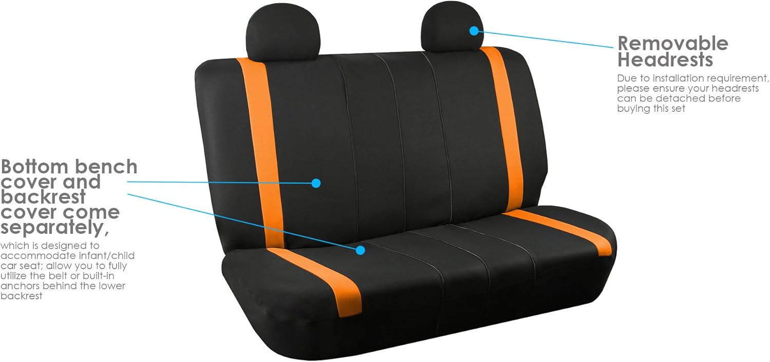 FH Group Automotive Seat Covers Unique Flat Cloth Orange Full Set, Combo Steering Wheel Cover and Seat Belt Pads Rear Solid Bench Universal Fit for Vans Cars Trucks and SUV Interior Accessories