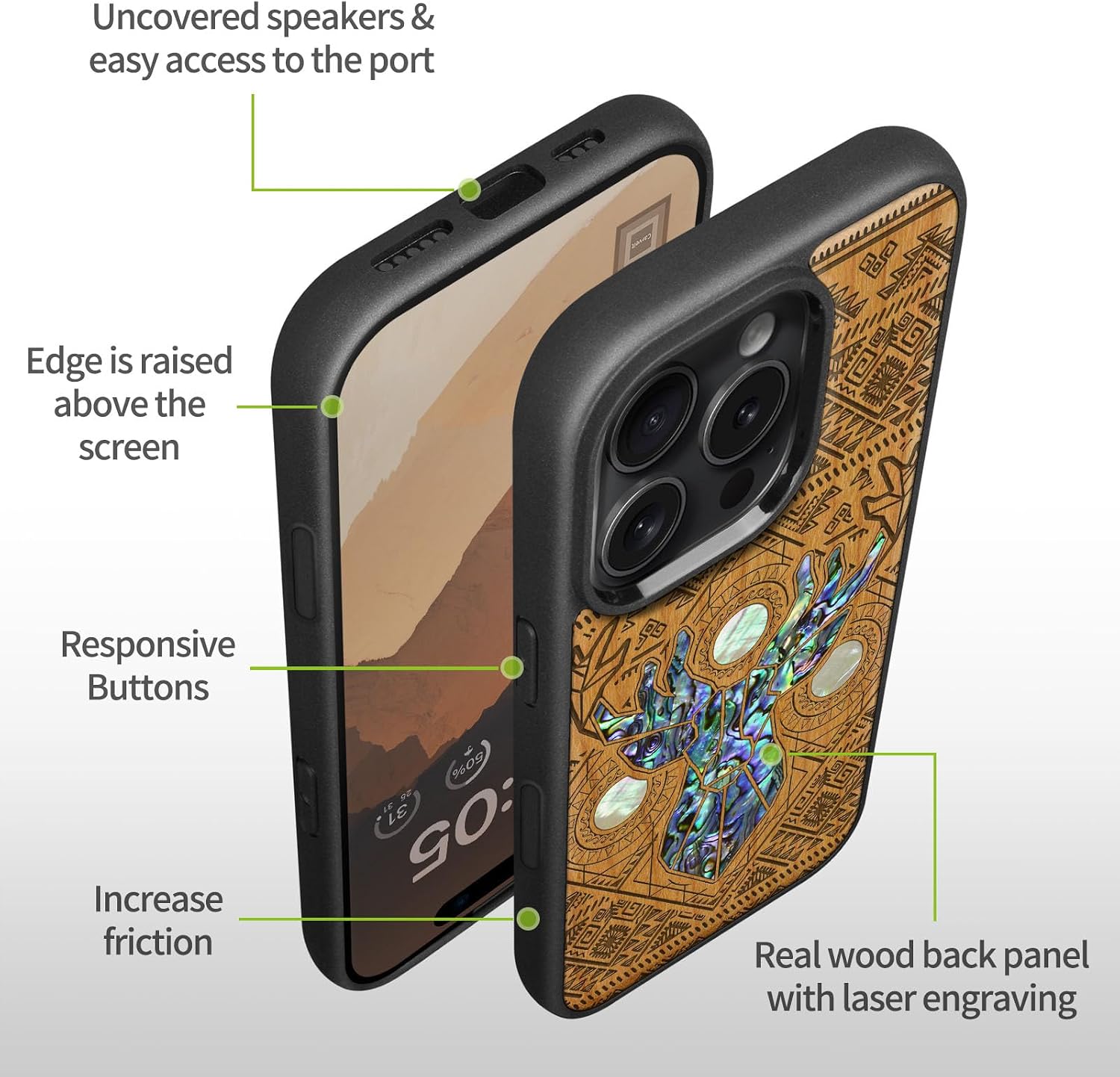 Carveit Magnetic Case for iPhone 16 Pro Max Case, Wood Artisan Engraved & Handmade Shell Inlaid, TPU Shockproof Cover, Compatible with MagSafe Wireless Chargers (Aztec Geometric Deer) Cherry