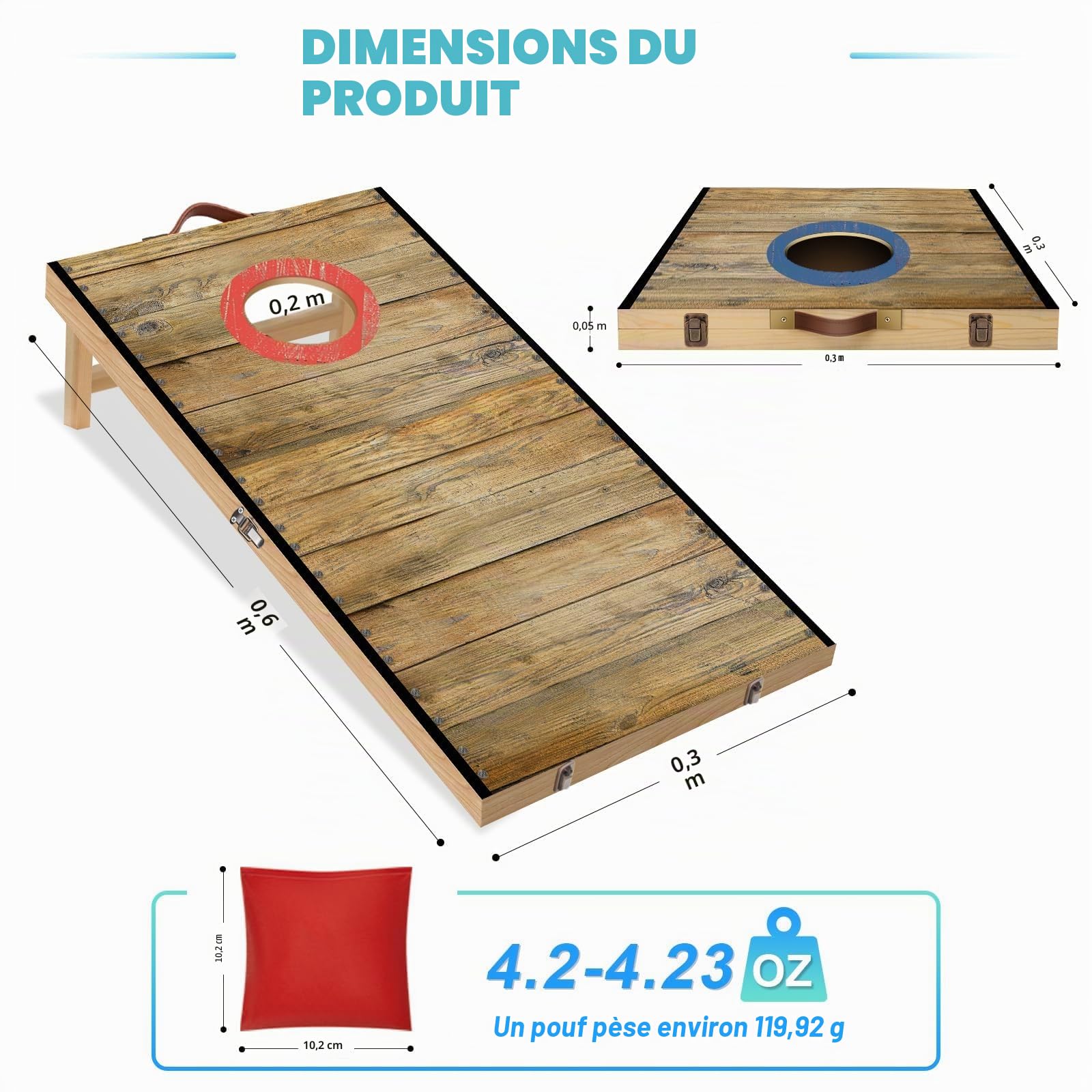 NZQXJXZ Cornhole Jeu Complet, 60 x 30 cm Planches à Trous de Maïs de Qualité Supérieure en Bois Massif avec 6 Poufs et Un Sac de Transport, Ensemble de Jeu de Lancer de Maïs pour Famille et Adultes