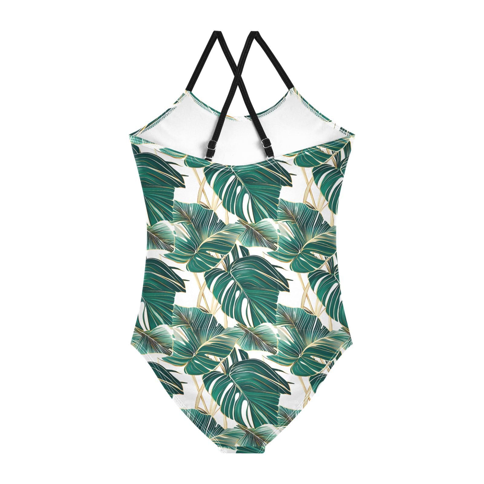 Tropical Leaves Girls One Piece Swimsuits Summer Quick Dry Beach Bathing Suit, 7-8T