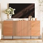 WAMPAT Fluted TV Stand for TVs up to 70”, Wooden Entertainment Center with 4 Doors & Shelves, Modern TV Media Console Table for Living Room, Bedroom, Entryway, Natural Oak, 61.6"