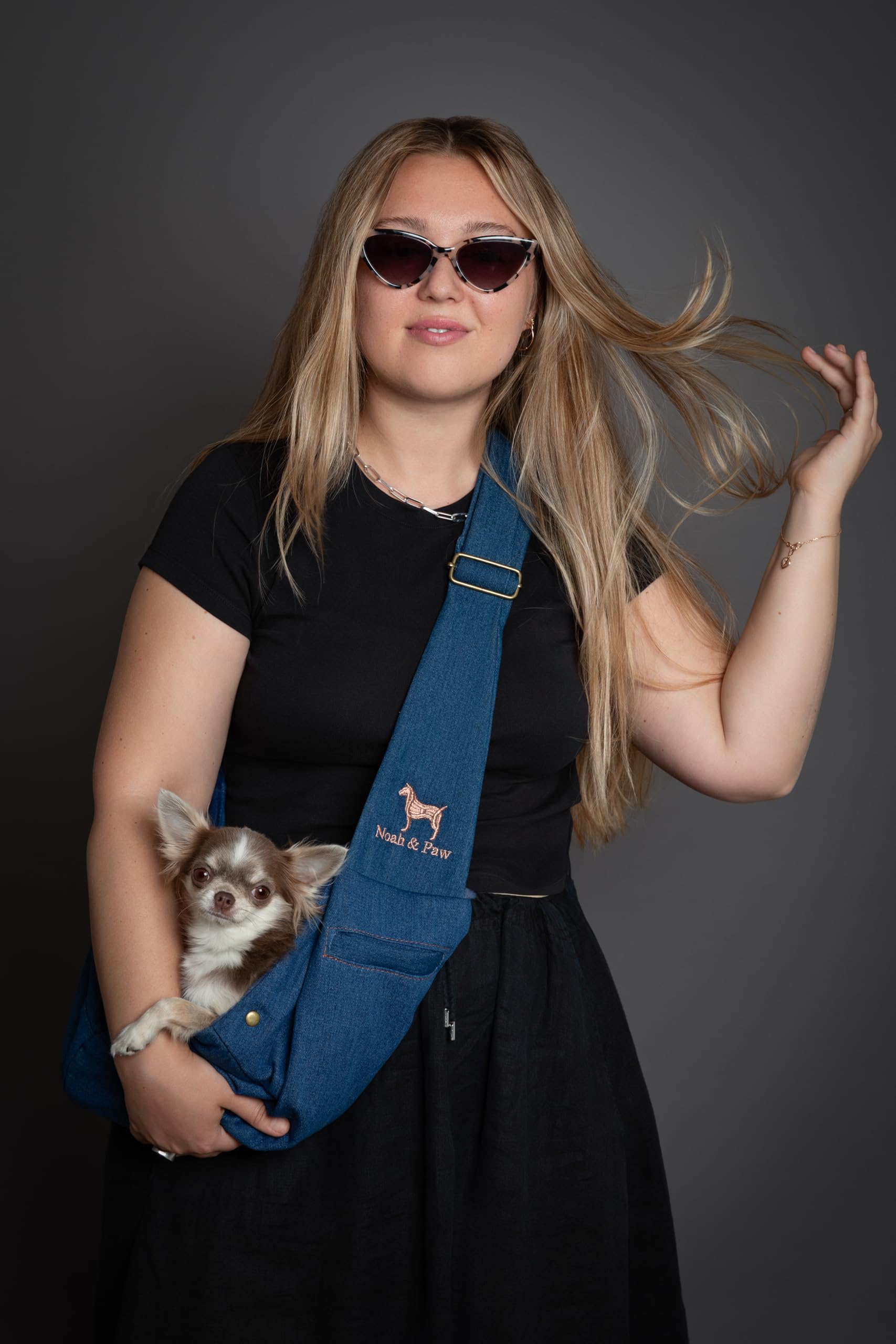 Noah & Paw Hundetragetasche für Kleine Hunde bis 5kg, Hundetasche mit Verstellbarem Schultergurt, und Weichem Fell, Doppelte Sicherheitsfunktion, Haustiere Tragetasche aus Premium Denim