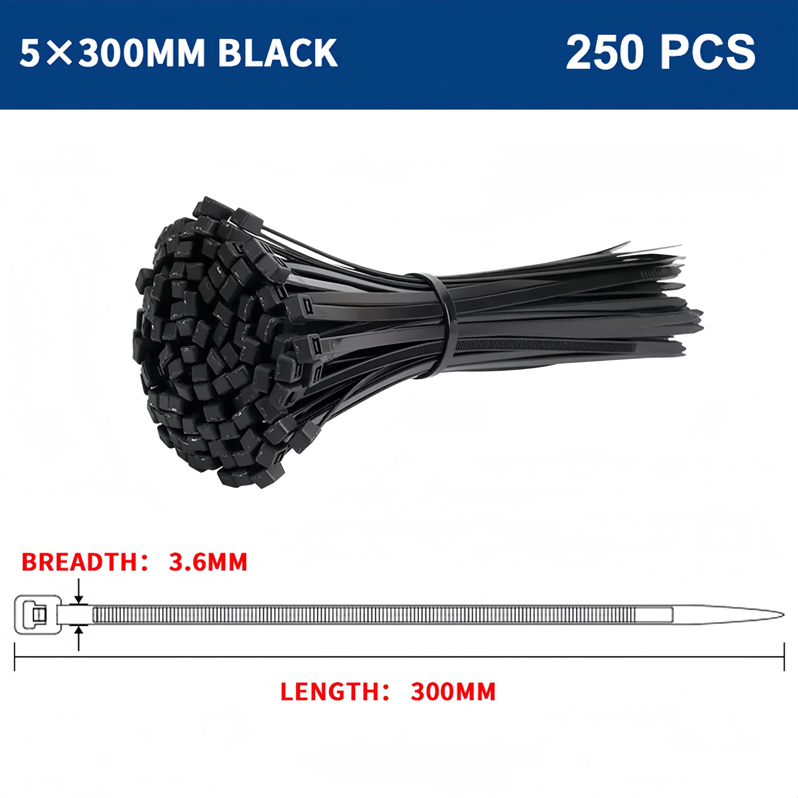 Confezione da 1000/250 fascette in nylon autobloccanti per cavi, kit 3 x 100, 3 x 150, 4 x 200 fascette per cavi (5 x 300 mm, 20 pezzi)