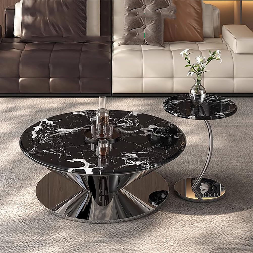 SXZenSpace Round Faux Marble Coffee Table,Modern Flying Saucer Center Table for Living Room with Stainless Steel Frame Table,A,70cm(27.6")+45cm(17.7")