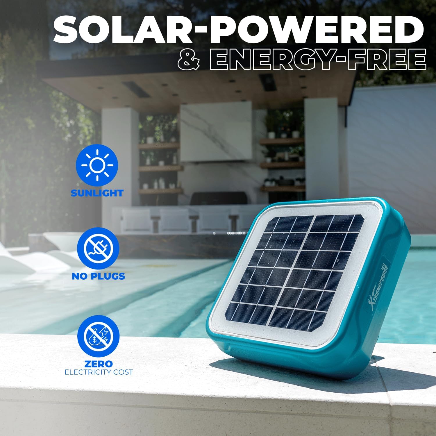 XtremepowerUS Solar Pool Ionizer by a pool with icons for sunlight, no plugs, and zero electricity cost