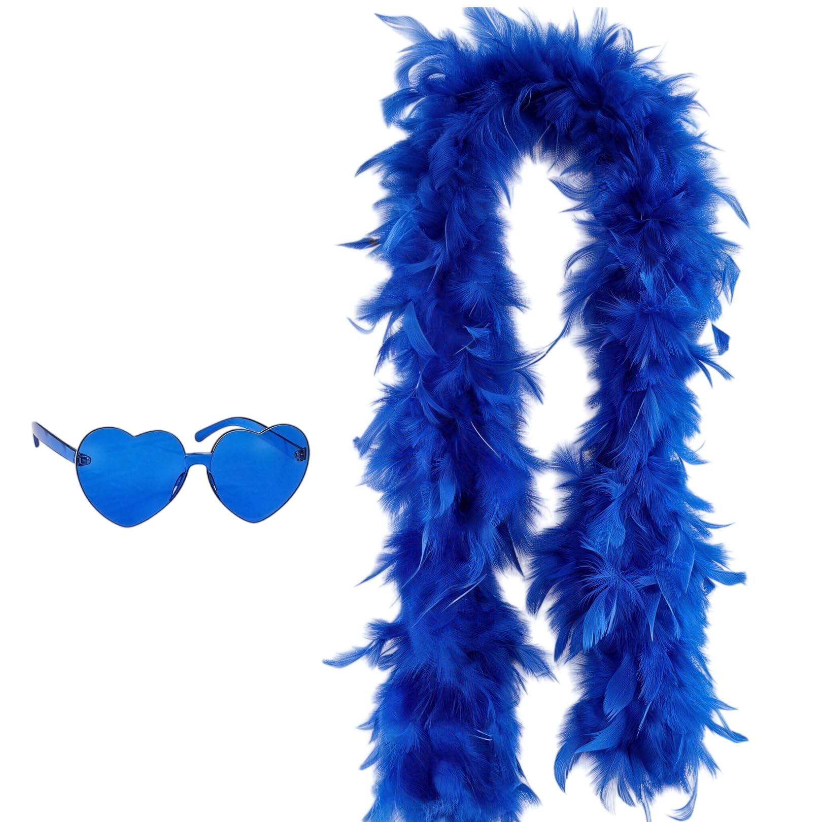 Blue Feather Boa 2m (6.6ft) with Heart Rimless Sunglasses, Soft Turkey Feather Scarf for Women – Party Costume Accessory for Dancing, Weddings, Hen Parties, Halloween, Christmas, Cosplay & Photo Props — image 1