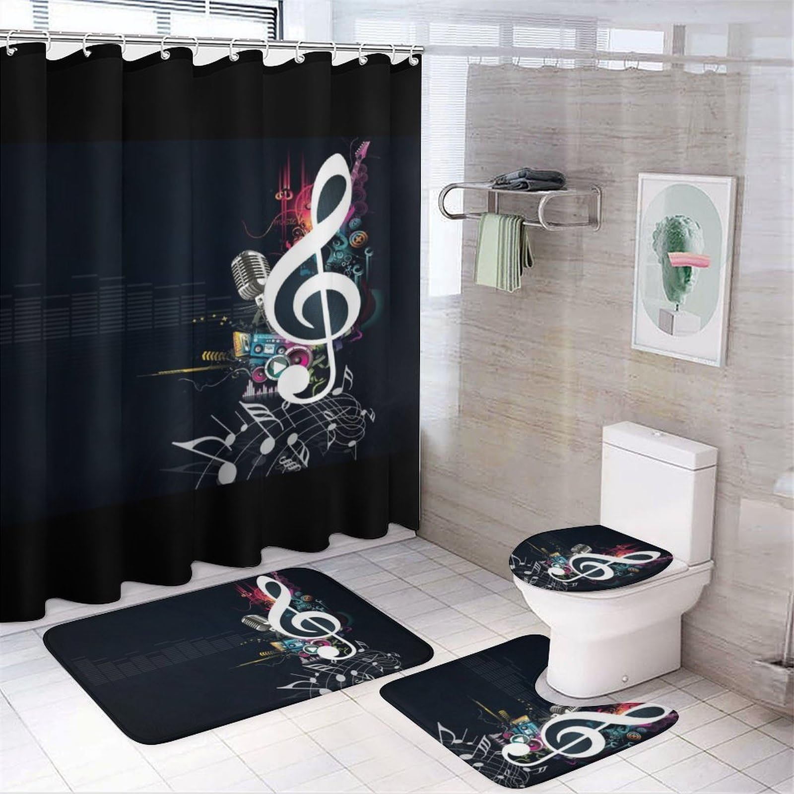 JZemdybill Bathroom Mat Set 4 Piece, Note Music Shower Curtain with Non-Slip Bath Mats for Bathroom