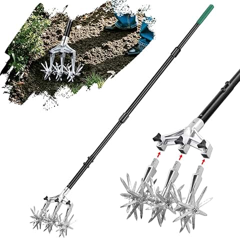 Altdorff Rotary Cultivator Garden Tool for Gardening and Lawn(61''), Rotary Hand Tiller with Detachable Thicker Tines&Sturdy Steel Handle, Manual Tiller Cultivator for Soil or Reseeding Grass