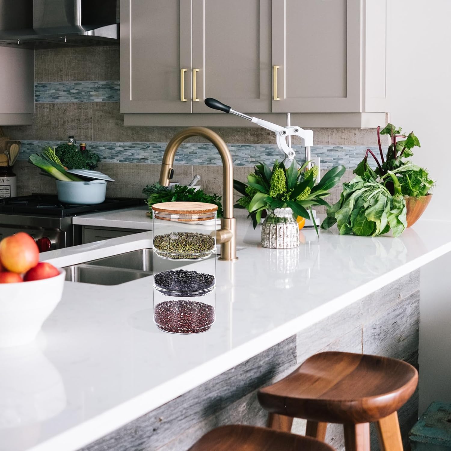 DOITOOL Three-Layer Fresh-Keeping Bowl Set Stackable Glass Food Storage Jars with Lids for Kitchen Ideal for Storing Loose Tea Coffee Flour and Snacks 7.1 X 4.3 X 4.3 Inches