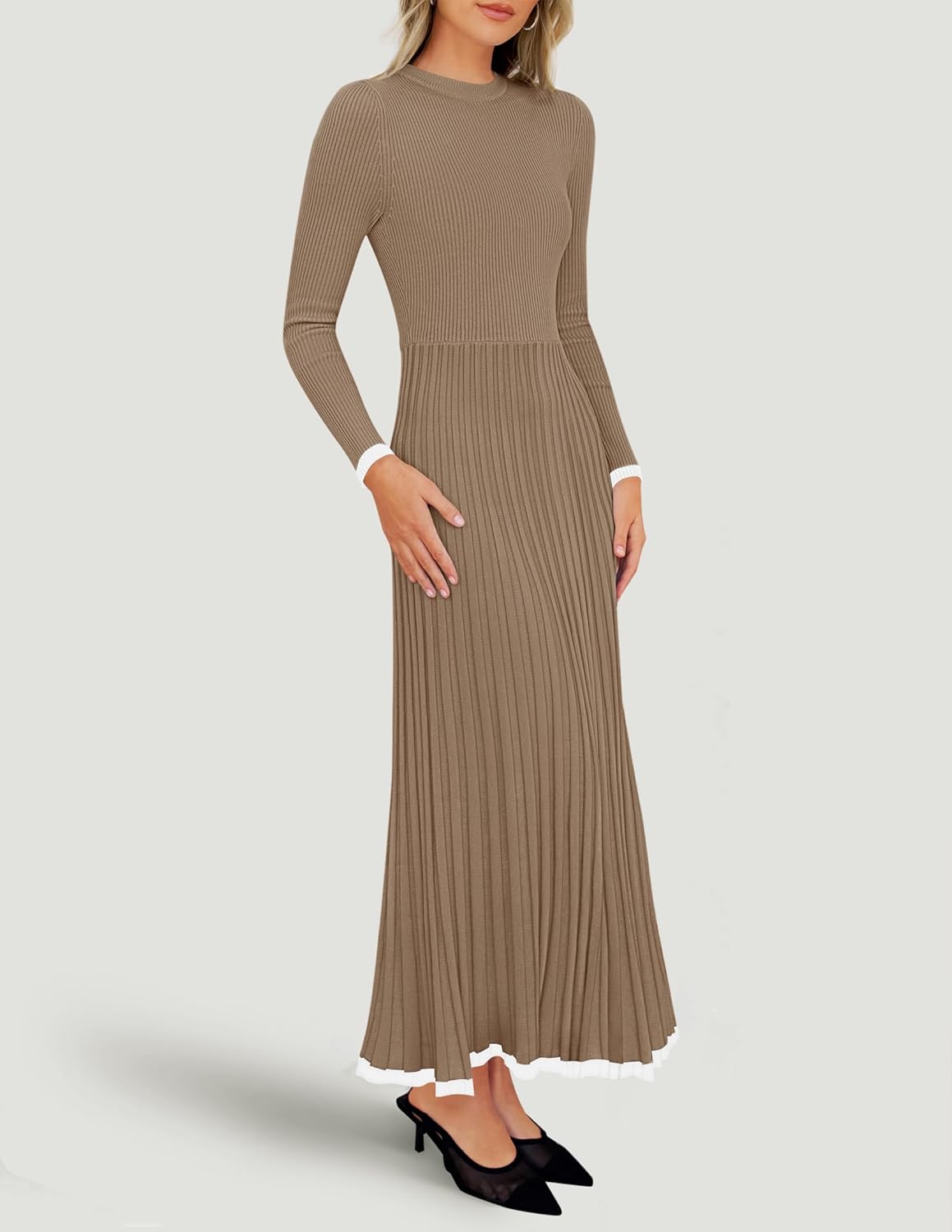 ZESICA Women's Long Sleeve Sweater Dress Fall 2026 Crewneck Ribbed Knit Pleated A-Line Maxi Wedding Guest Dresses - Image 6