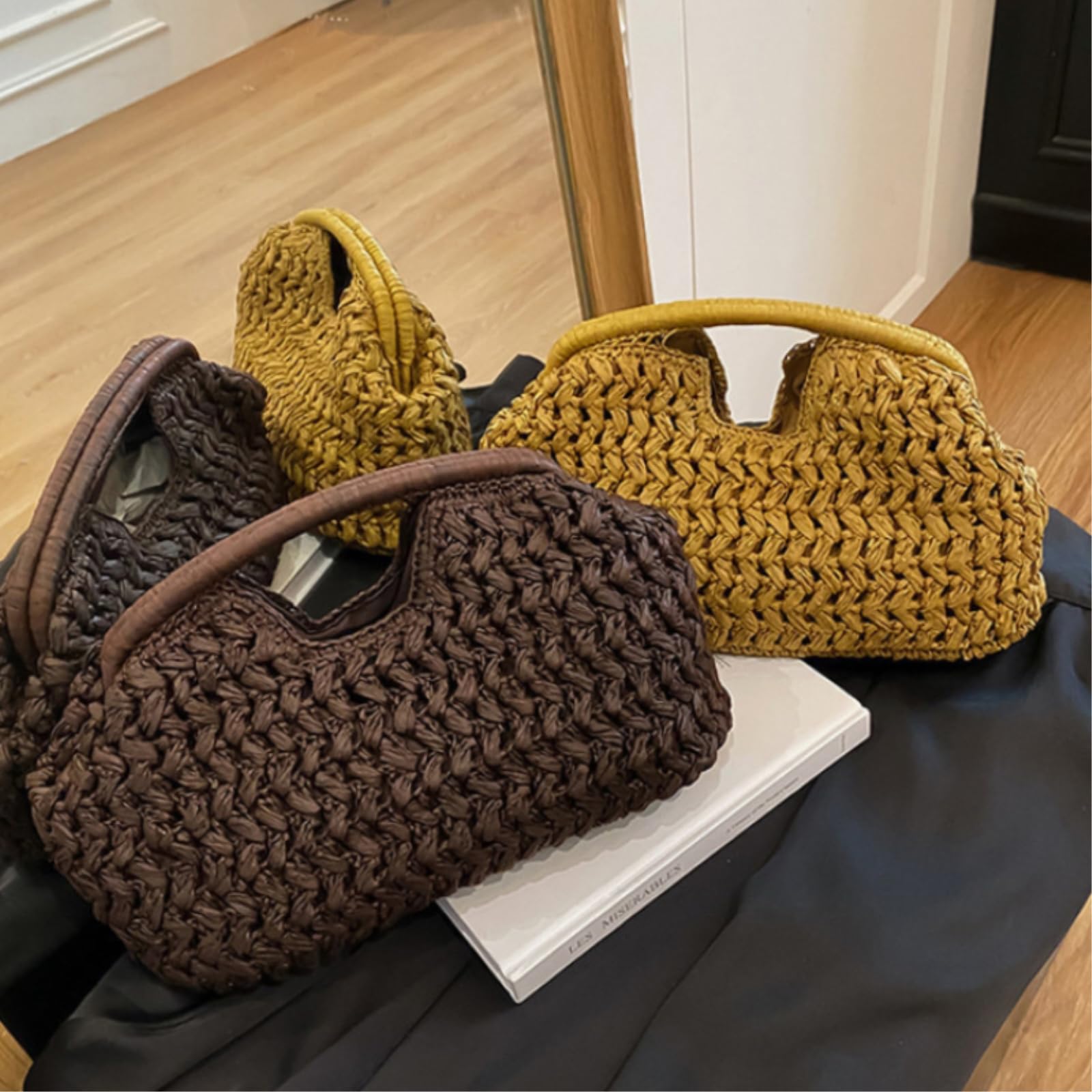 Strohtasche Damen Sommer Frauen Strandtasche Clutch Handtasche Tote Tasche Mode Gewebt Rattan Reisetasche-Black