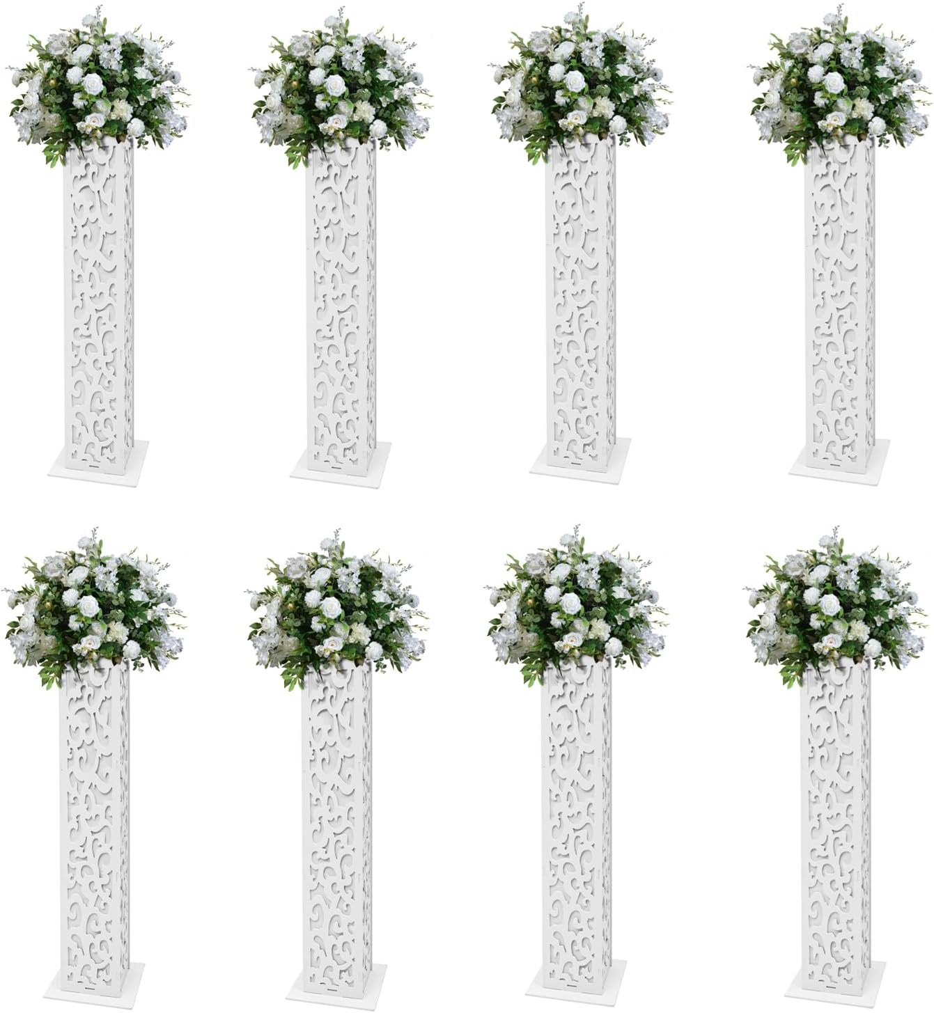8 PCS Hollow-Out Flower Columns with LED Lights,47 Inch White Wedding Column Carved Pillar Decoration Flower Stands for Birthday Party, Commercial Events