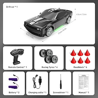 RC Drift Car Remote Control Car 2.4GHz 1:20 Scale 4WD 20KM/H High Speed Remote Control Cars Vehicle with LED Lights Drifting Tire 2Pcs Rechargeable Batteries Toy Cars for Adults Boys Girls (Black)
