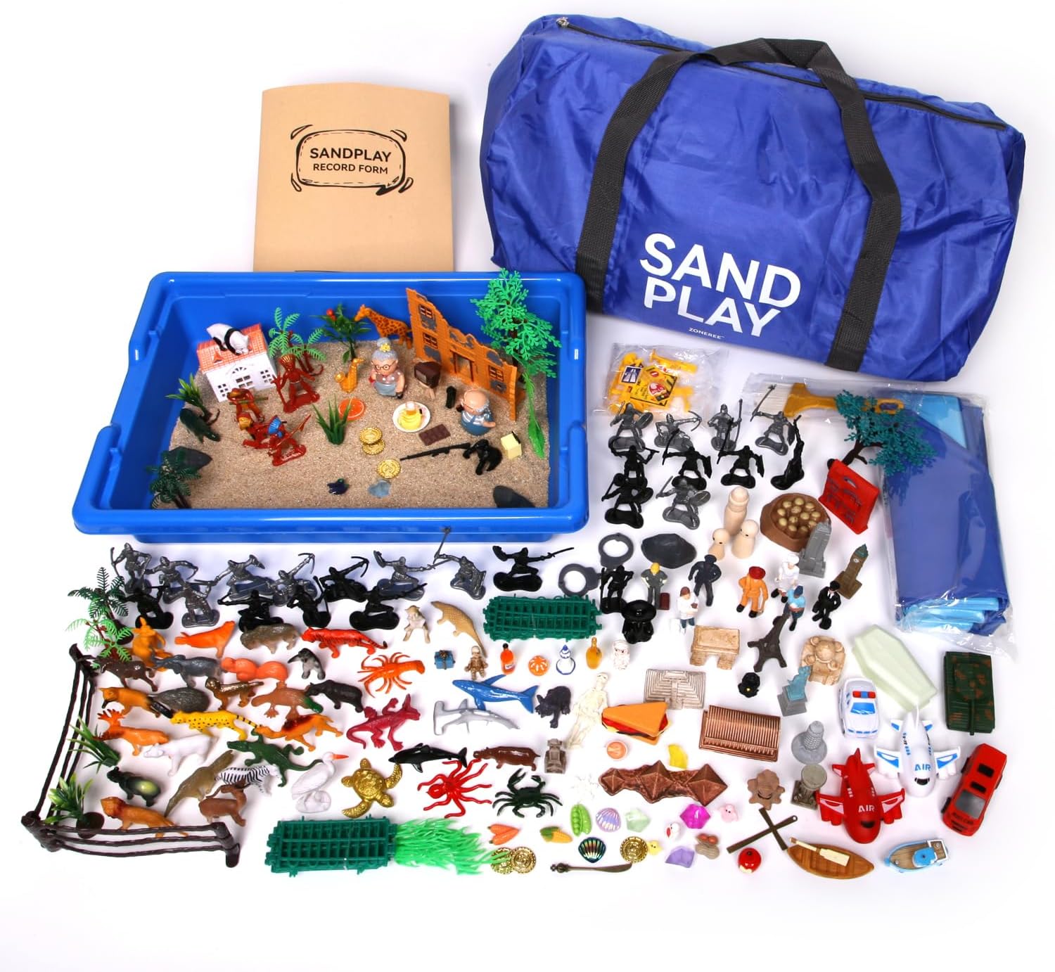 zoneree Sand Tray Therapy Portable Starter Kit: Foldable Professional Therapy Sandbox with 205 Sandtray Miniatures (Including Record Form)