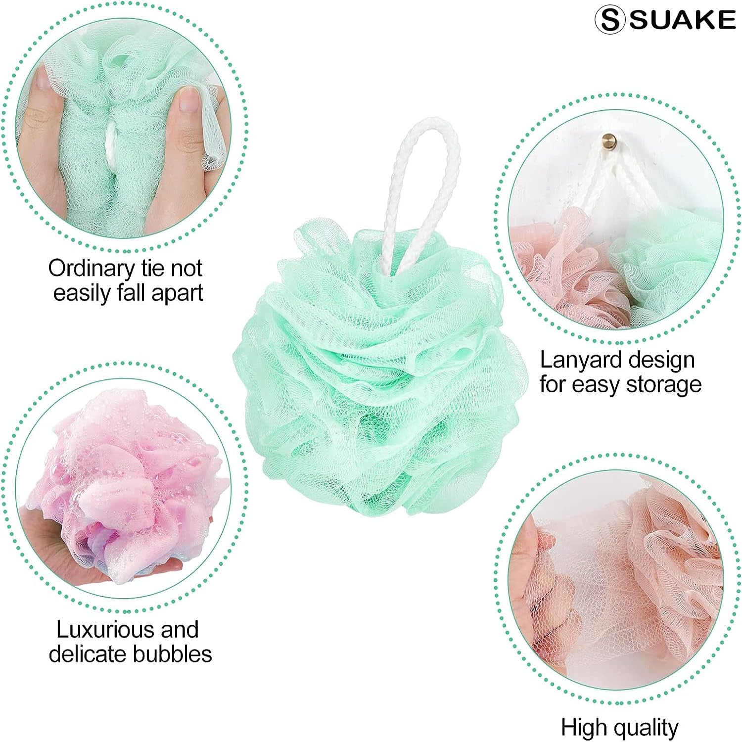SUAKE Loofah for Bathing – Loofah Scrub Sponge & Body Exfoliator for Men & Women | Soft Shower Loofah with Hanging Handle & Wall Hook – Gentle Bathing Puff - Image 6 thumbnail
