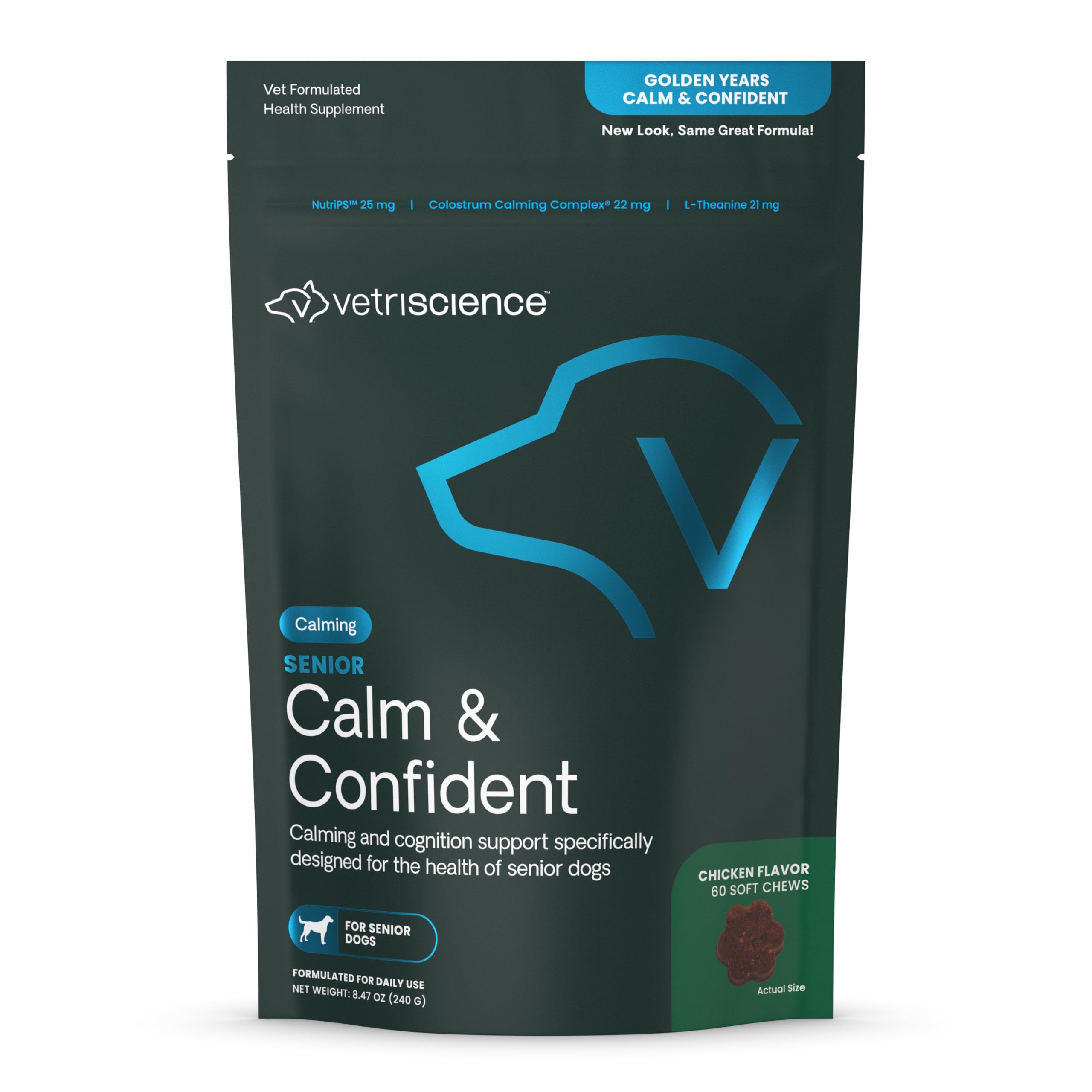 VetriScience Senior Calm & Confident Soft Chews with Colostrum and L-Theanine, Golden Years Calming, Cognition and Brain Health, Sundowners Supplement