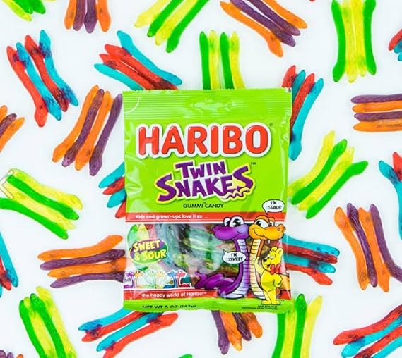 Haribo Gummy Candy, Twin Snake Sweet & Sour, 5 oz. Bags Twin Snake Pack of 12