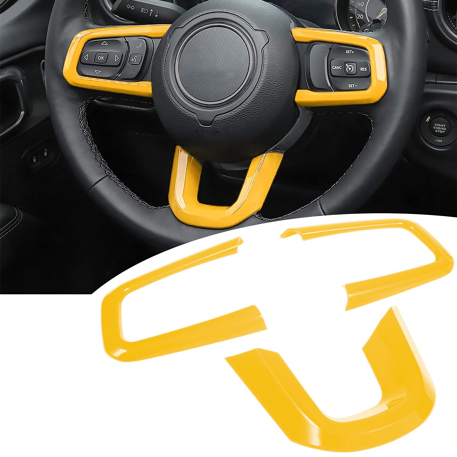 Photo 1 of Bonbo Steering Wheel Trim Cover ABS Interior Accessories for Jeep Wrangler JL JLU Gladiator JT 2018-2022 3PCS (Yellow)