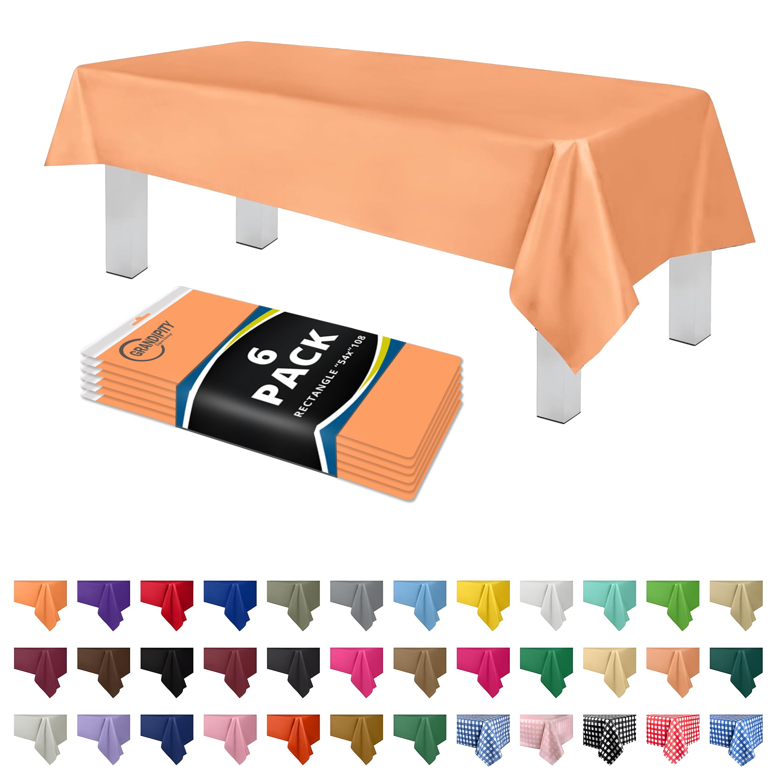 Grandipity Peach 6 Pack Premium Disposable Plastic Tablecloth 54 Inch. x 108 Inch. Rectangle Table Cover