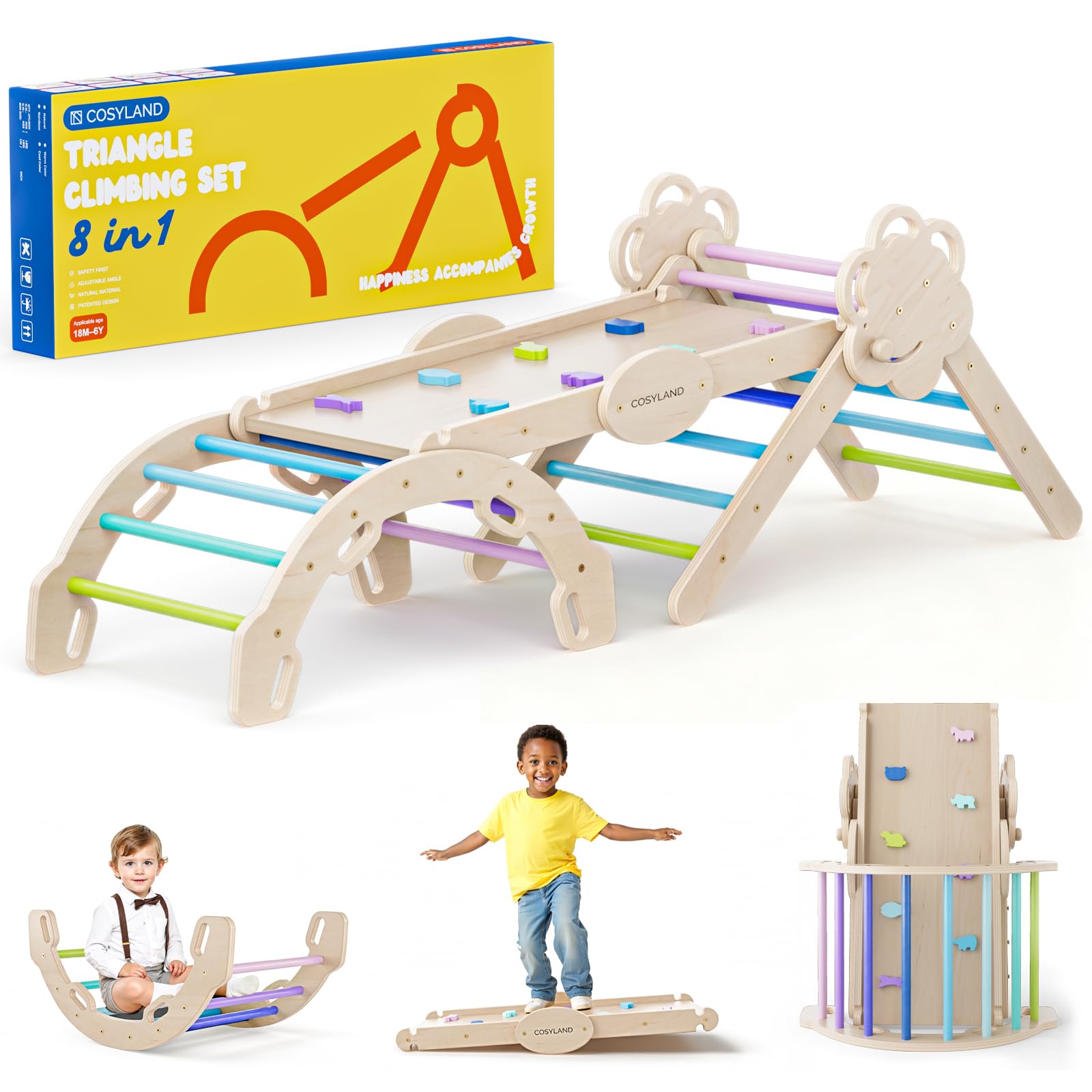 COSYLAND Set da Arrampicata per Bambini 8 in 1 – Triangolo Pikler Grande Regolabile con Scivolo, Arco e Rampa | Palestra Montessori da Interno Pieghevole 18M–6A (Colori Freddi)