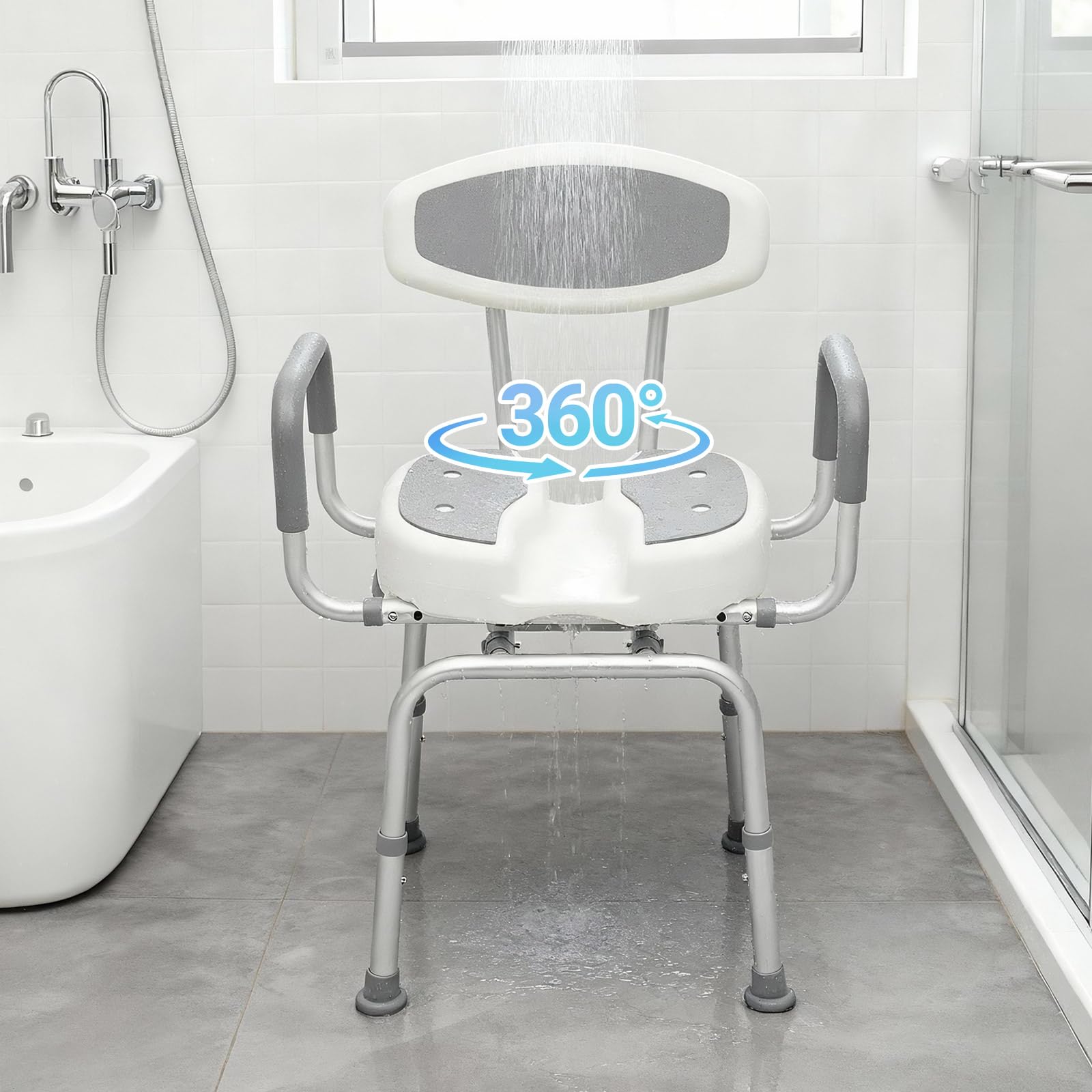 Obrotowe krzesło prysznicowe o 360° z oparciem i podłokietnikami, 4-stopniowa regulacja wysokości, taboret prysznicowy, obciążenie do 136 kg, taboret łazienkowy dla seniorów, kobiet w ciąży i