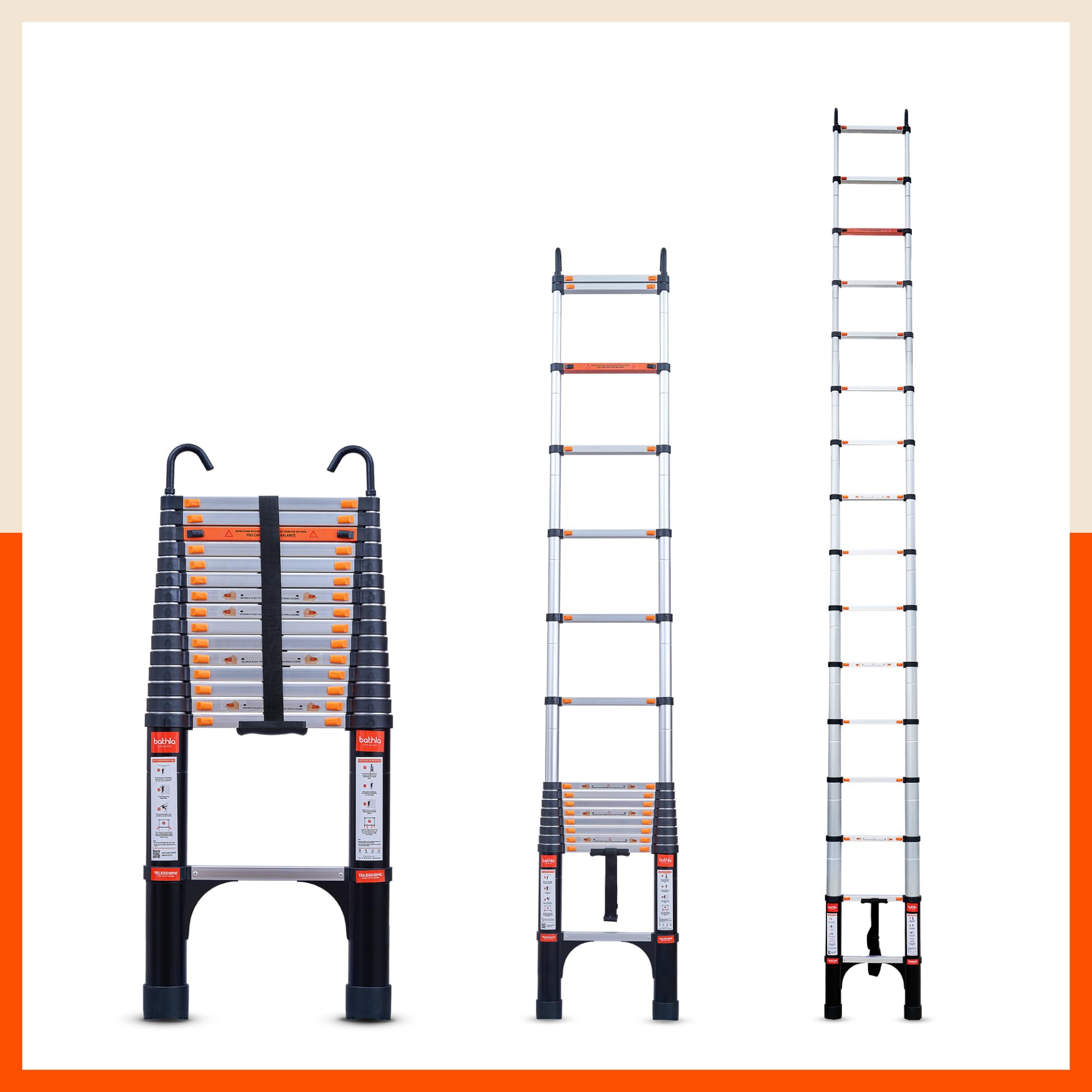 Bathla 20.5ft Aluminium Telescopic Ladder with Safety Hooks | 2-Year Manufacturer Warranty | Portable & Compact | Made in India (16 Steps - 6.2m) Foldable Multipurpose Ladder for Home & Outdoor use