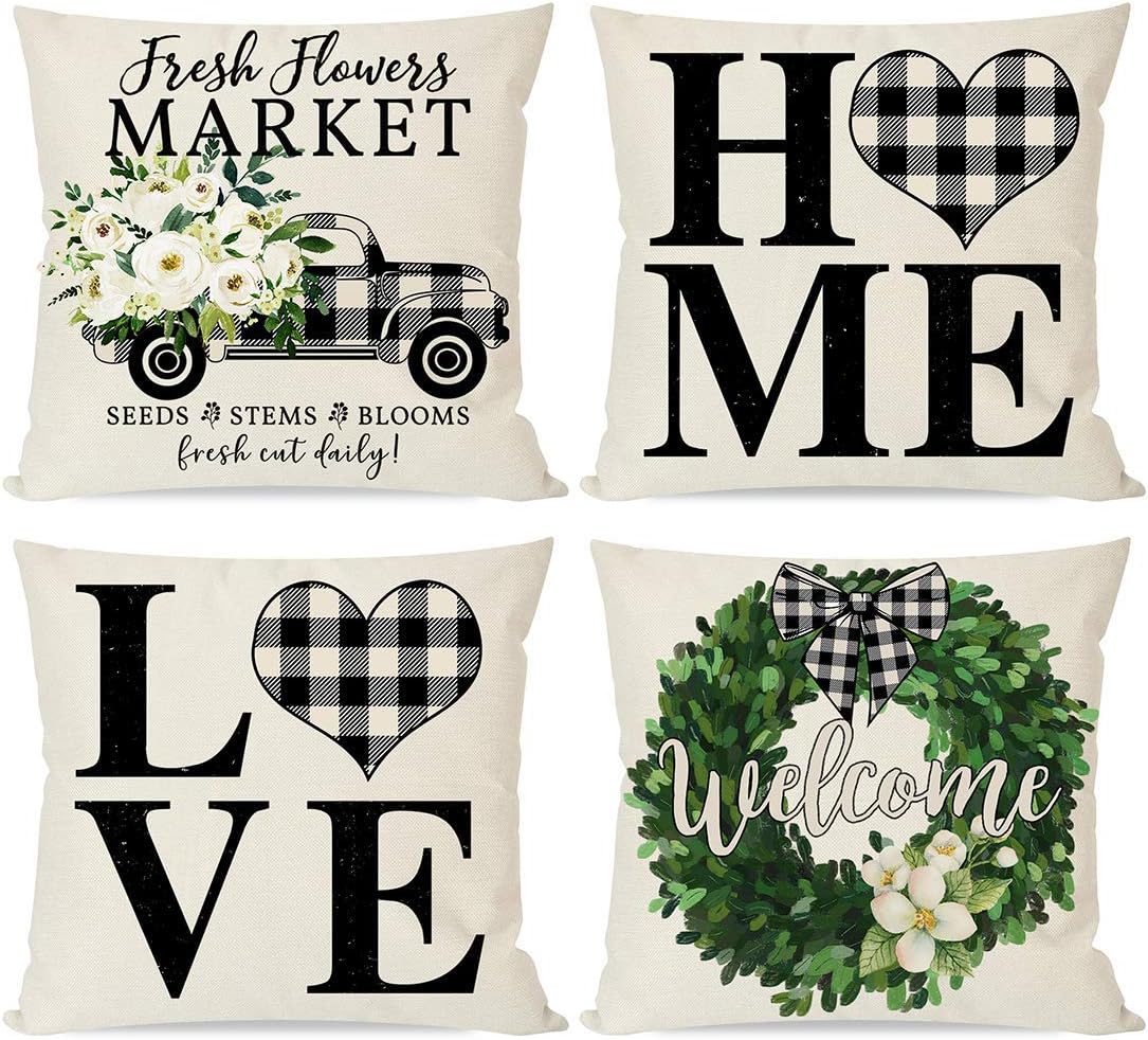 PANDICORN Modern Farmhouse Pillow Covers 18x18 Set of 4, Black Buffalo Plaid Check Home Love Heart Truck Wreath, Spring Decor Green Flower Floral, Welcome Throw Pillow Cases Outdoor Decorations