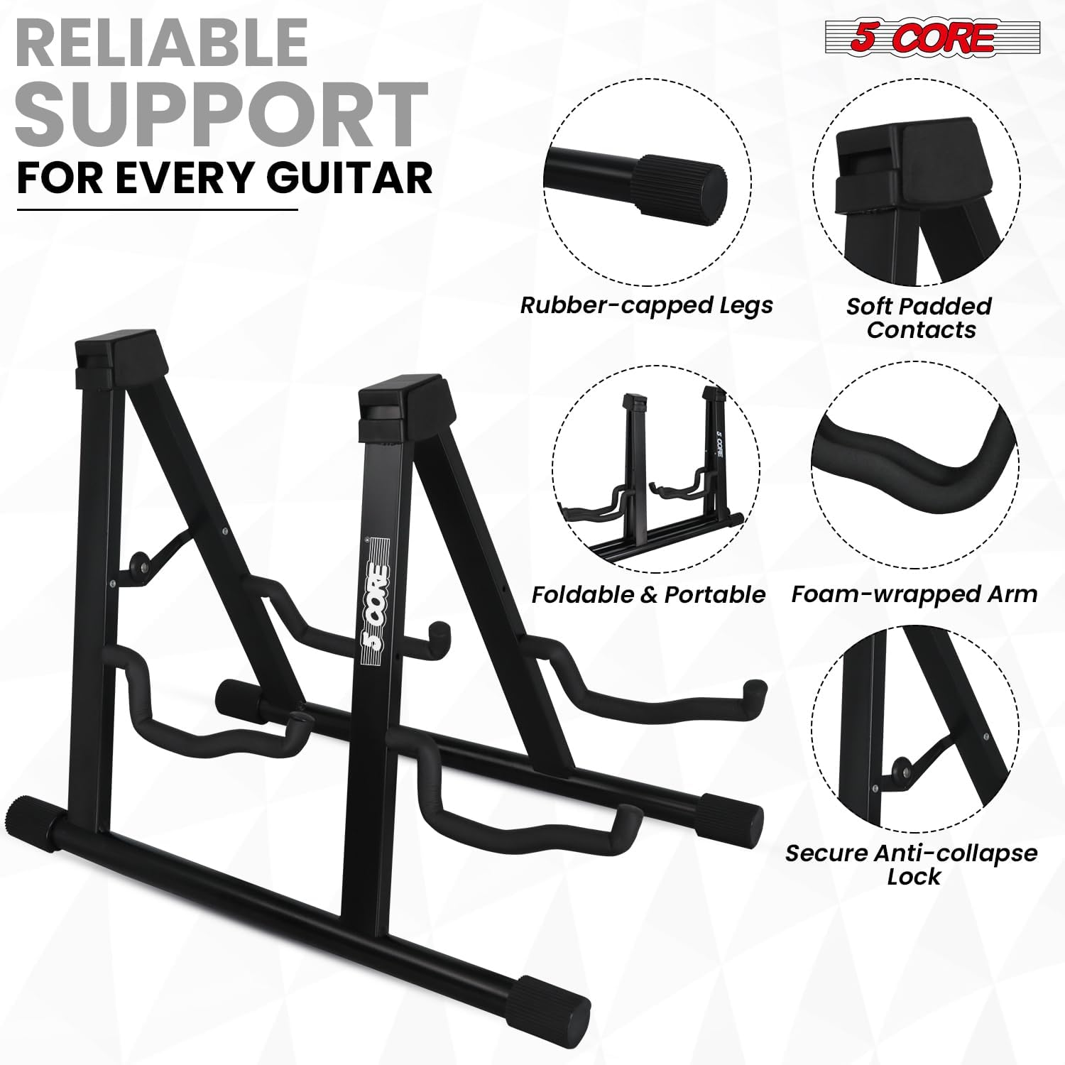 5 CORE Double Guitar Stand A Frame Shape w Soft Foam Arms Non Slip Rubber Supports Acoustic Electric Bass Ukulele Banjo Black - GSS 2N1 BLK