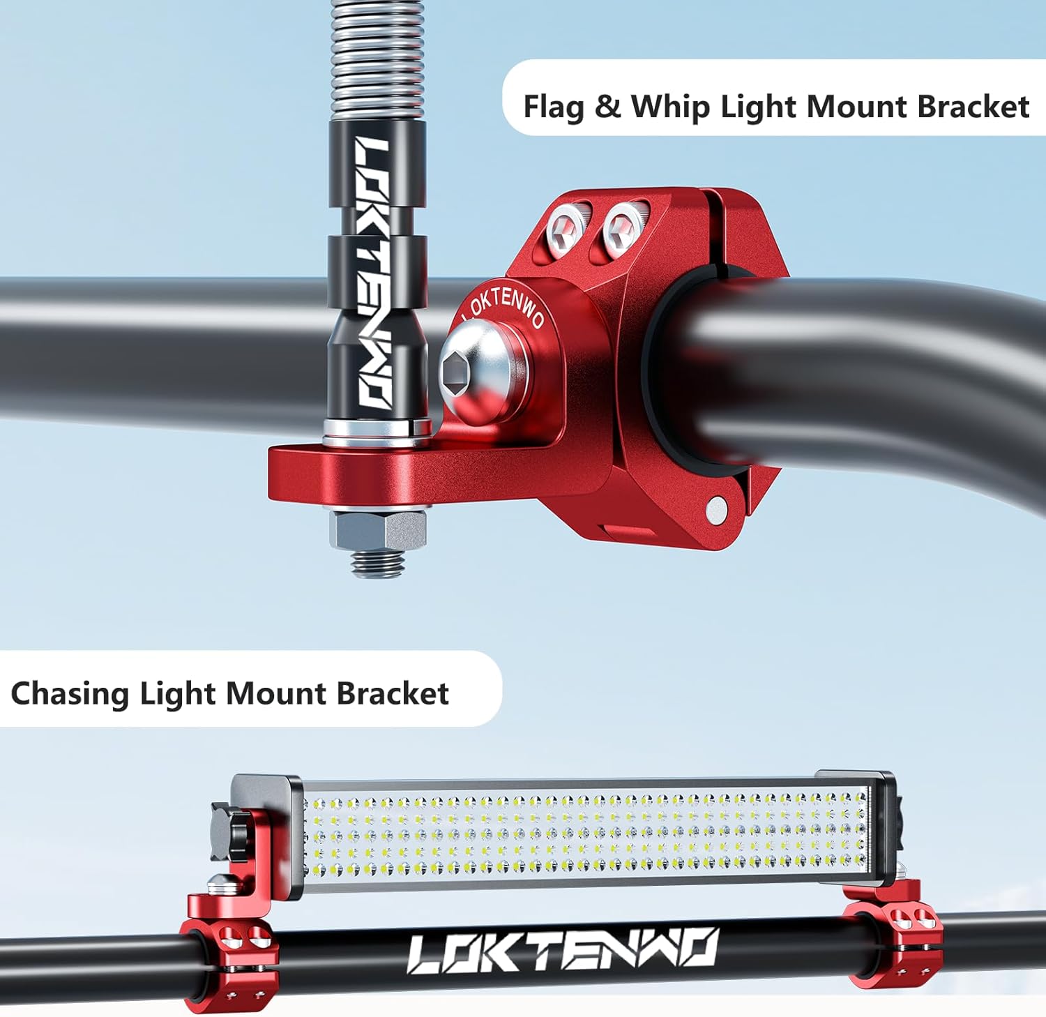 LOKTENWO 1 PCS Whip Light Mount for ATV, Adjustable CNC Quad Light Bar Mounts Compatible with Motorcycle 4-Wheeler 0.875''/1''/1.125''/1.26” Roll Cage
