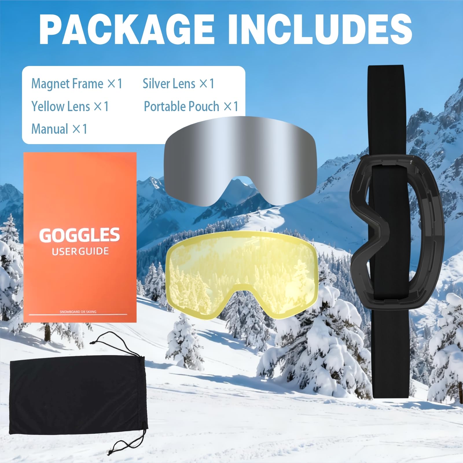 YH212 Gogle narciarskie bez oprawek, 2 x magnetyczne soczewki UV400, okulary śniegowe przeciwmgielne dla mężczyzn i kobiet (czarne oprawki, srebrne okulary, 16% VLT, żółte soczewki 78% z maską)