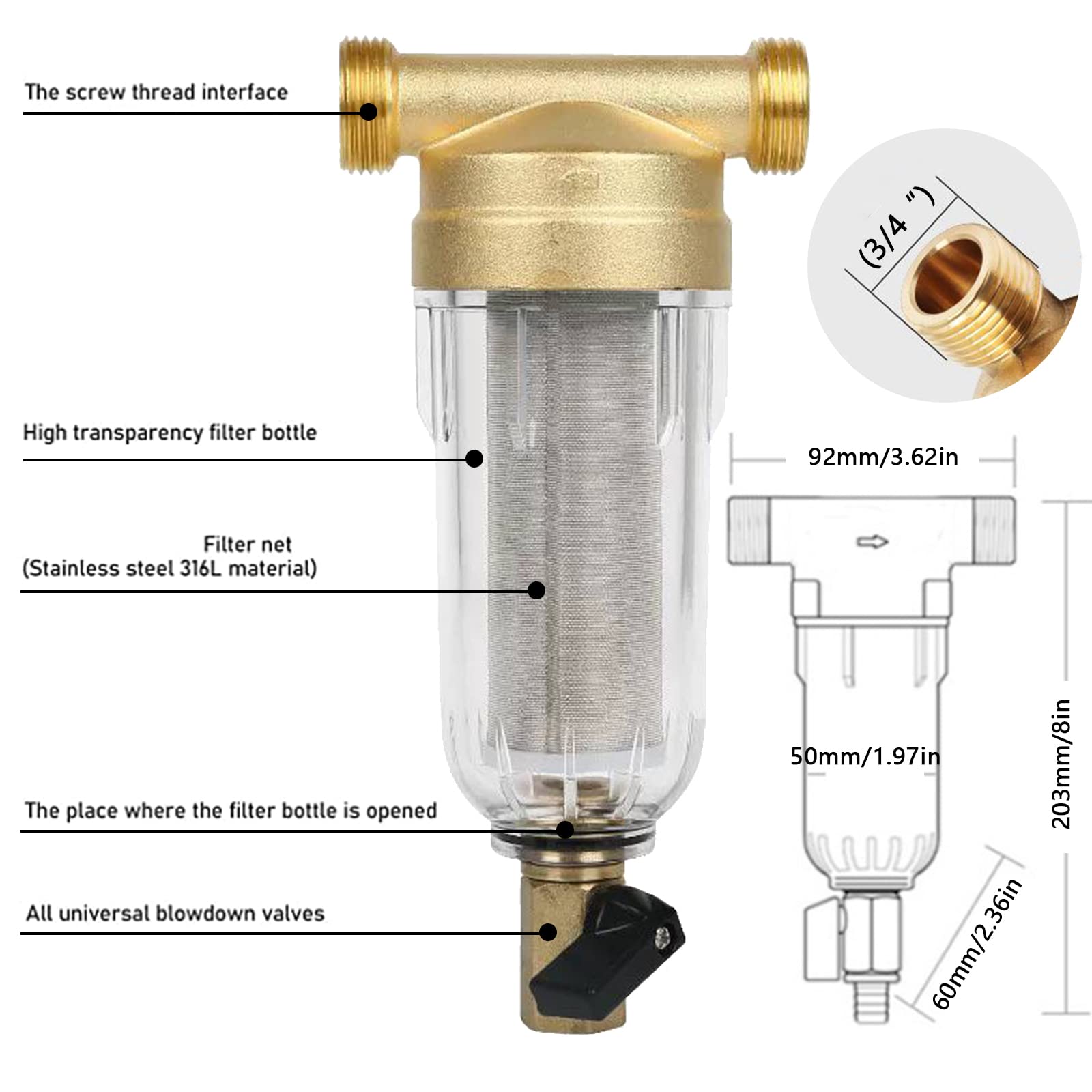 Filtro Fine Risciacquabile, Prefiltro, Acqua Filtrante Acqua di Rubinetto, Filtro Sedimenti Prefiltro, Filtro Acqua Sedimenti Spin Down, per Filtro Sedimenti Tubo Acqua Pozzo (3/4")