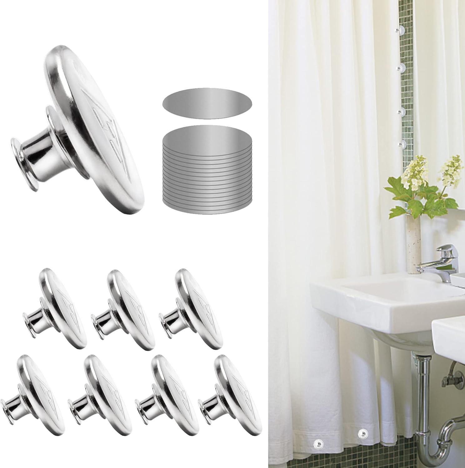 Product image of 8 Pcs Shower Curtain Weights Magnetic with Back Tack, Keep Curtain Liners Closed&Tight to Side Walls, Windproof Stop Protect Splash Clips Heavy Strong Magnets Add Weight with 16 Patch, for All Tubs