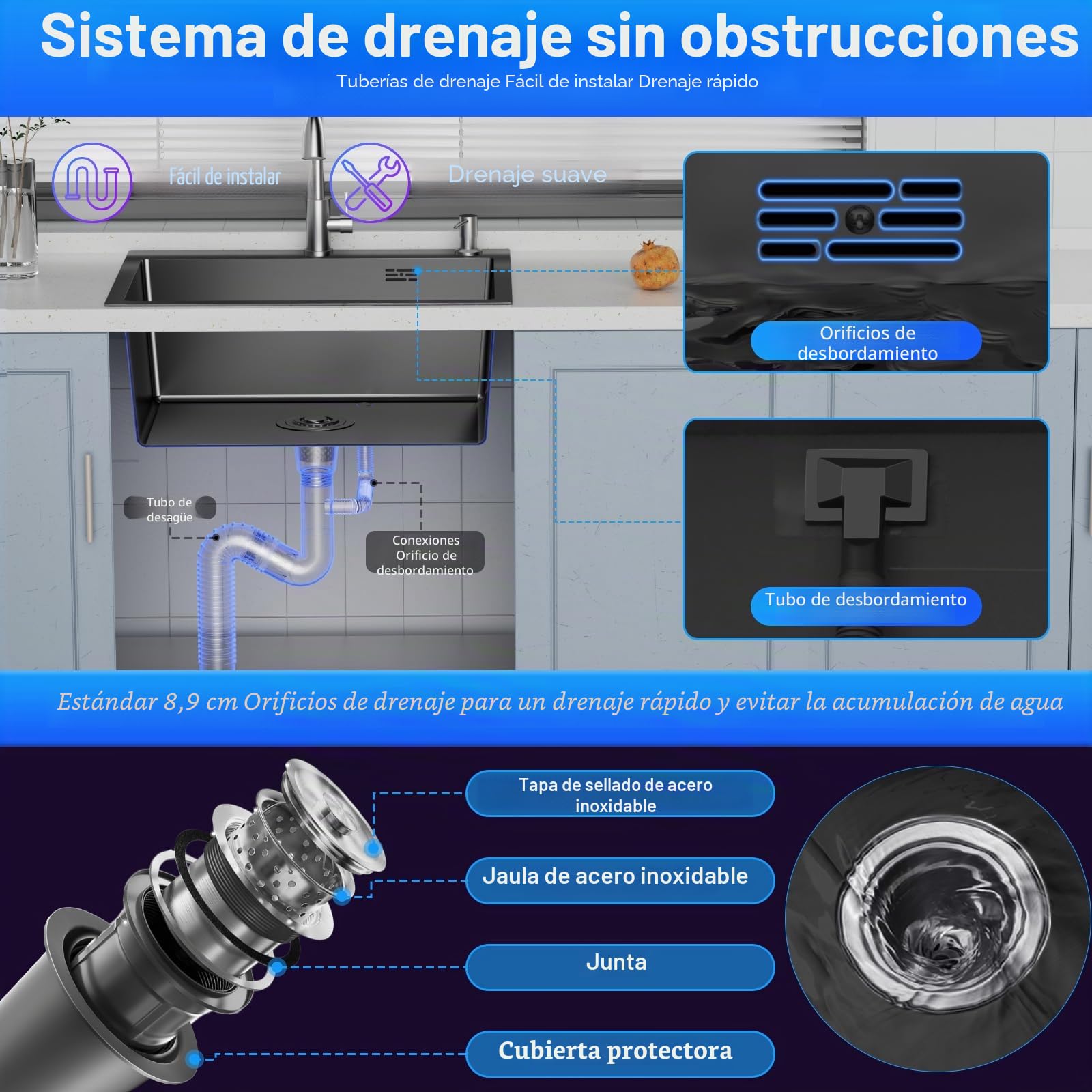 Fregadero Cocina 55 x 45cm,Fregadero Cocina en Acero Inoxidable,Fregadero Bajo Encimera o Sobre Encimera con Filtro de Drenaje,Sifón e Juego de Desagüe