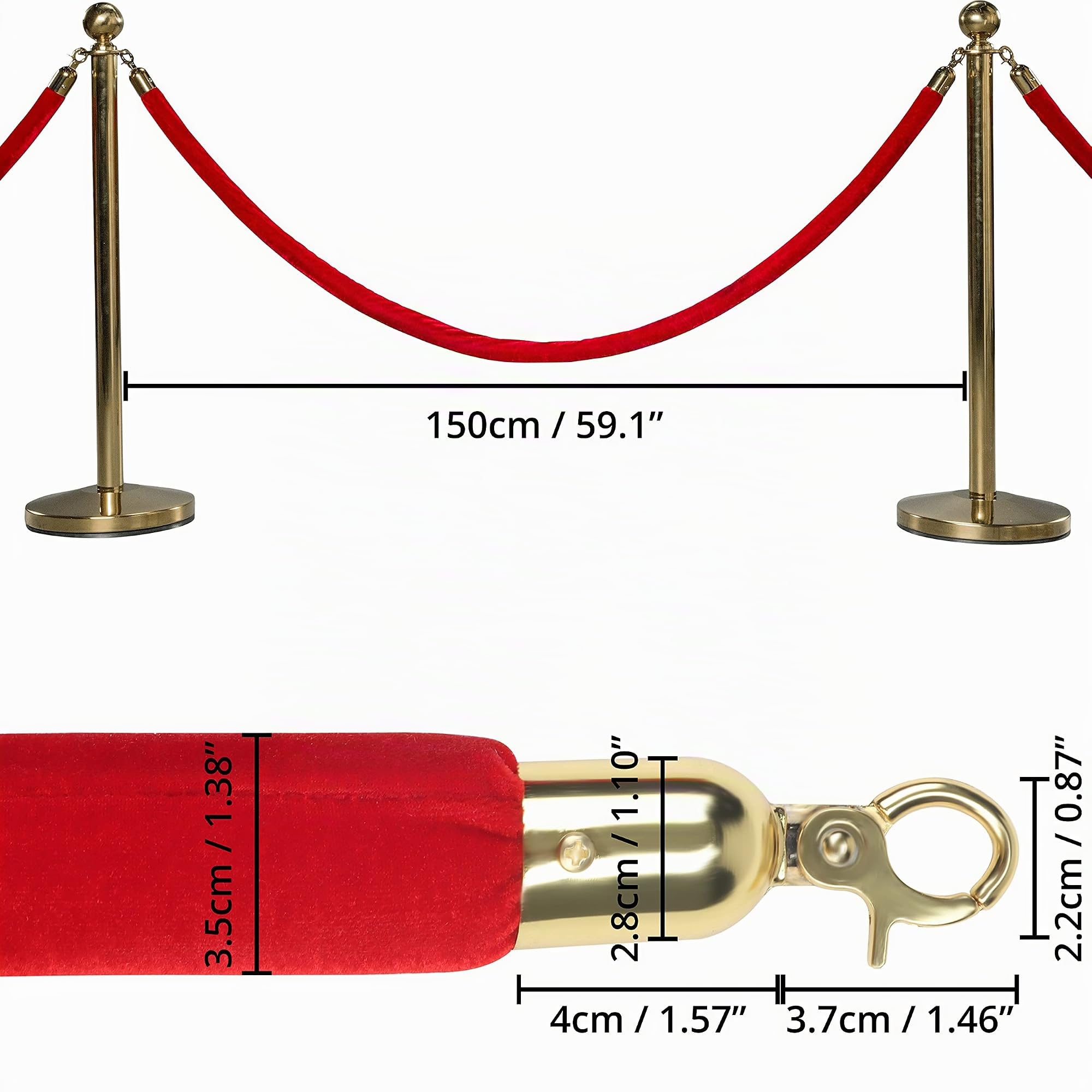 Belle Vous 2pz Corda Corrimano per Paletti Delimitazione In Velluto Rosso- L150 x P3,5 cm - Cordone Intrecciato con Moschettoni Dorati Lucidi Testa a Sfera per Transenna Eliminacode Paletti Divisori