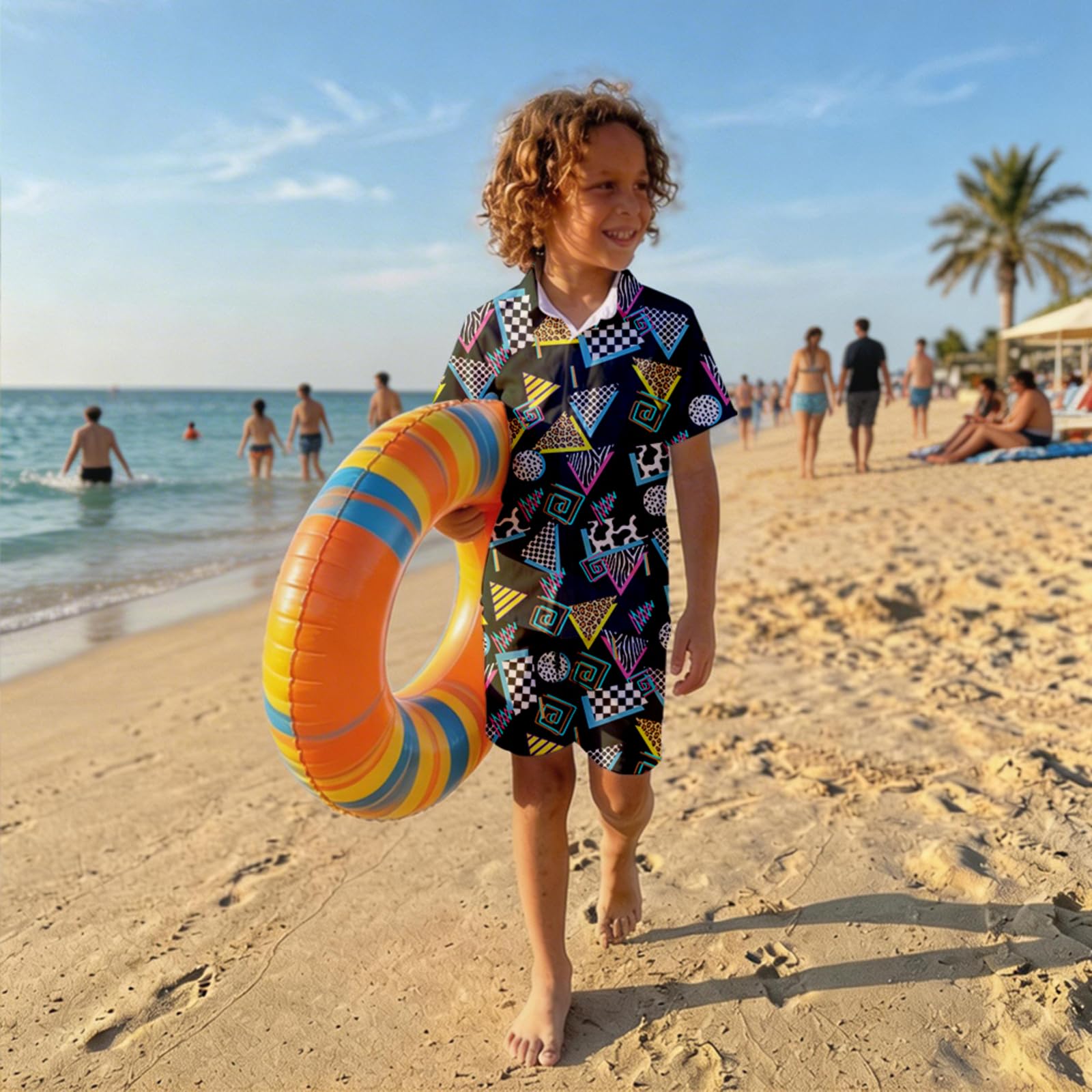 SEA - Conjunto hawaiano de 2 piezas para niños, camisas con botones y forro de compresión para playa y verano
