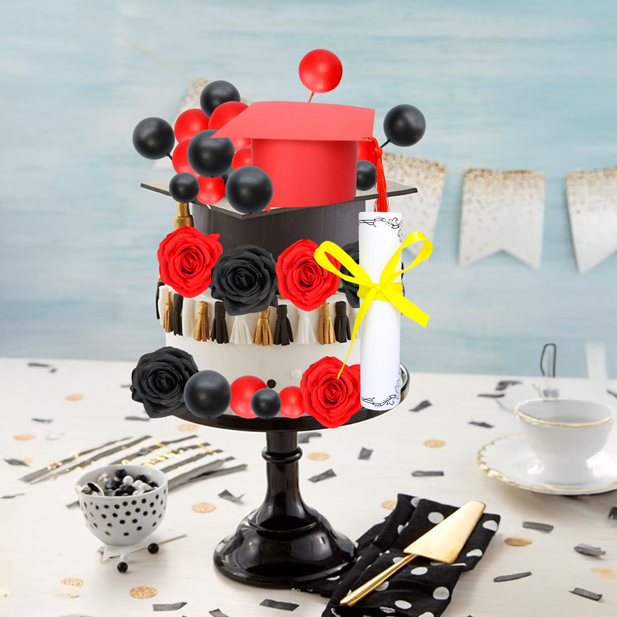 Gyufise 40Pcs 2025 Graduation Cake Topper Decoration Diploma Done Diploma Grad Cap Cake Pick Balloon Flower Prom 2025 Cake Decorations for Class of 2025 Congrats Grad Party Supplies Red Black - Image 4