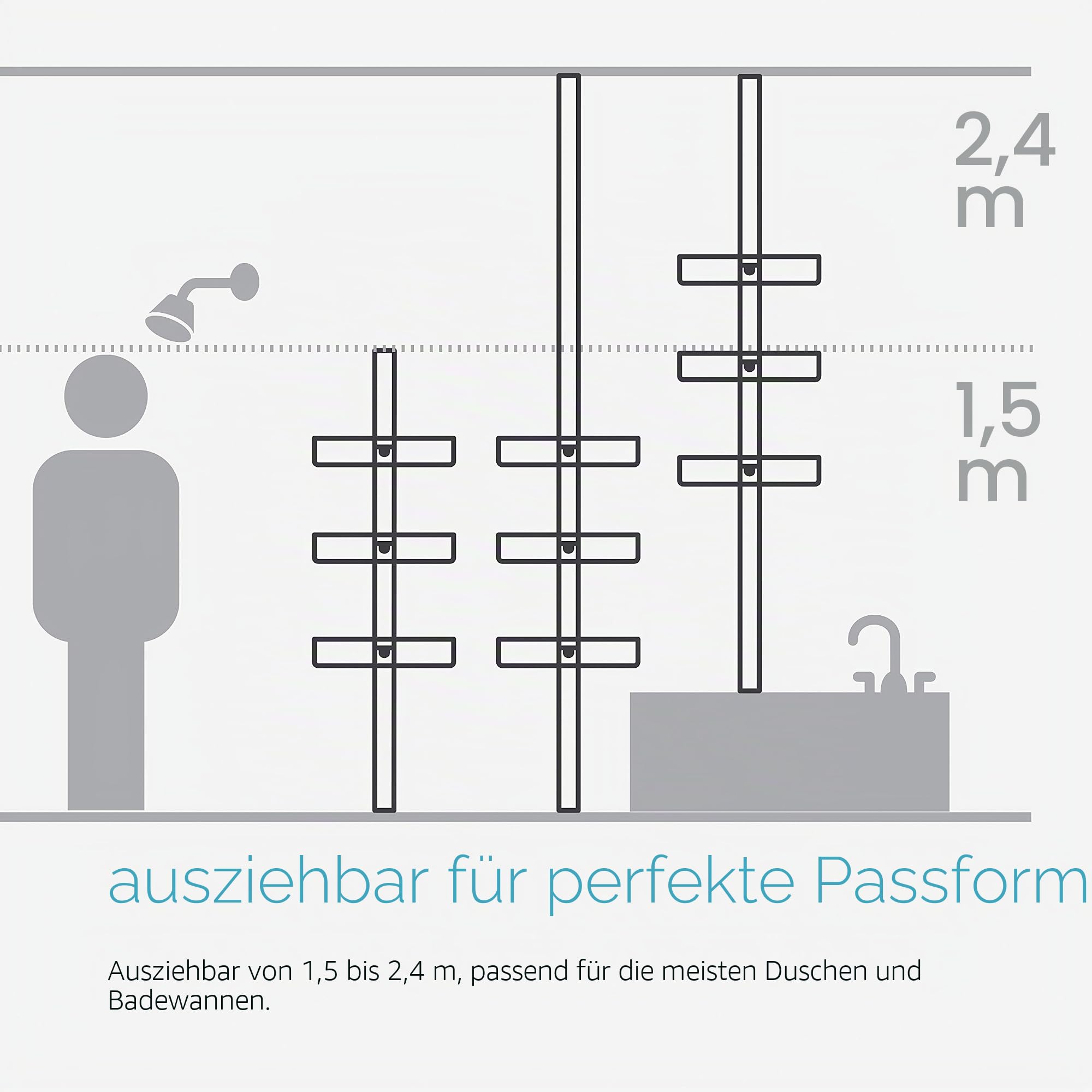 Simplehuman Mittelgroßer Spann-Duschcaddy, Teleskop Duschregal, Badregal ohne Bohren, auf 1,5 m -2,4 m ausziehbar, gebürsteter Stahl, BT1109DC, Edelstahl + Eloxiertes Aluminium