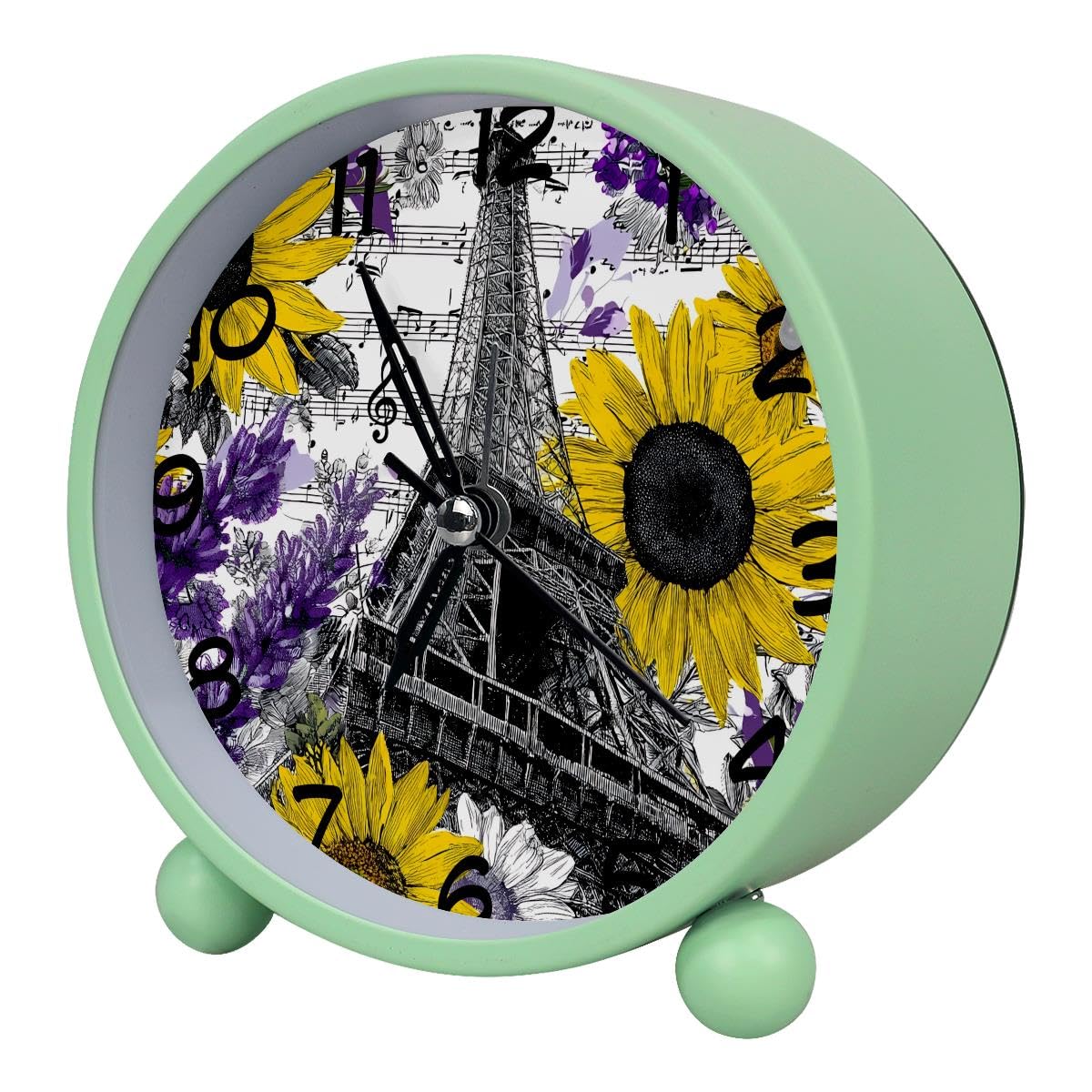 Luoweisi Analog Alarm Clock Eiffel Tower Sunflower, Silent Non-Ticking with Night Light, Battery Operated, Round Desk Alarm Clock for Office, Bedroom, Elderly, Adults, Children, Student Gifts