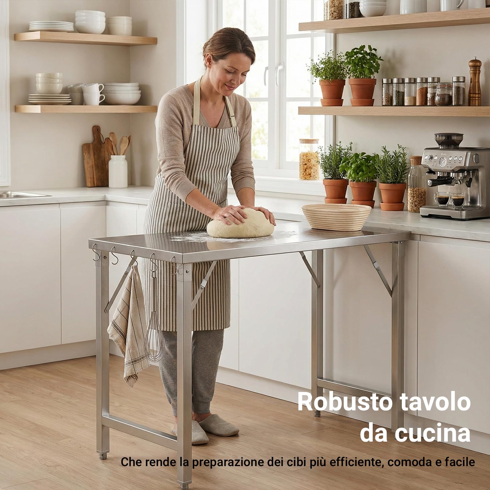 TLSUNNY Tavolo da Lavoro Cucina Pieghevole in Acciaio Inox 120x60cm, Banco da Lavoro Cucina Commerciale Professionale con 5 Ganci, Gambe Regolabili,Capacità 250kg,Tavolo di Preparazione per Ristorante