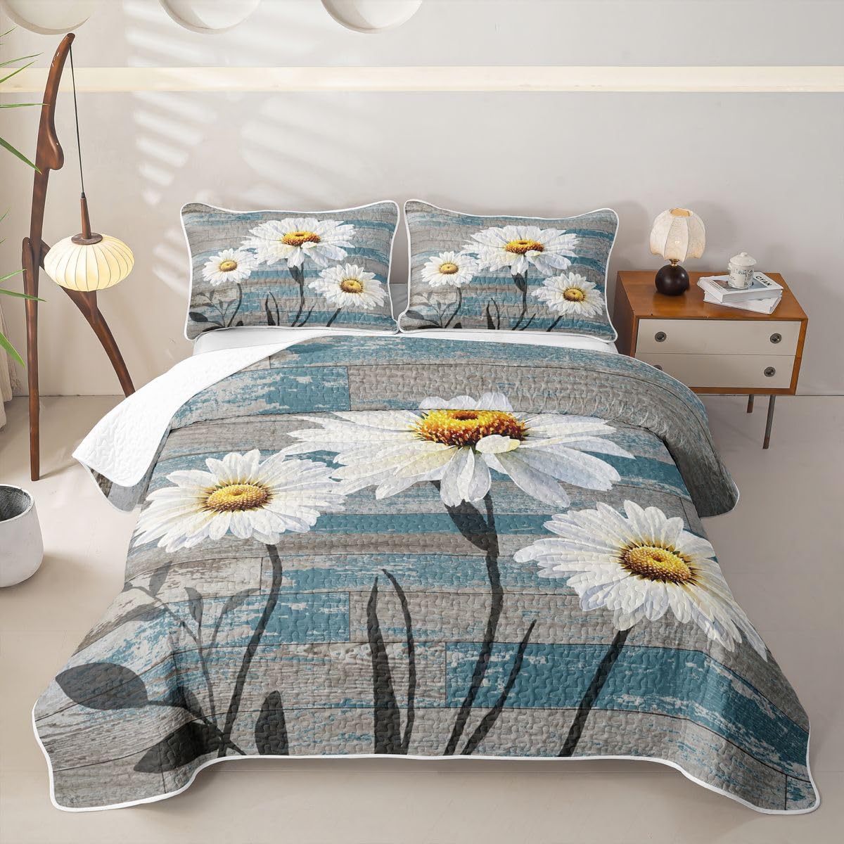 jejeloiu Daisy Quilt Sets Full Size for Kids Boys Girls Botanical Floral Printed Bedding Natural Theme Quilts Wood Grain Blue White Decor 3PCs with 2 Pillowcase