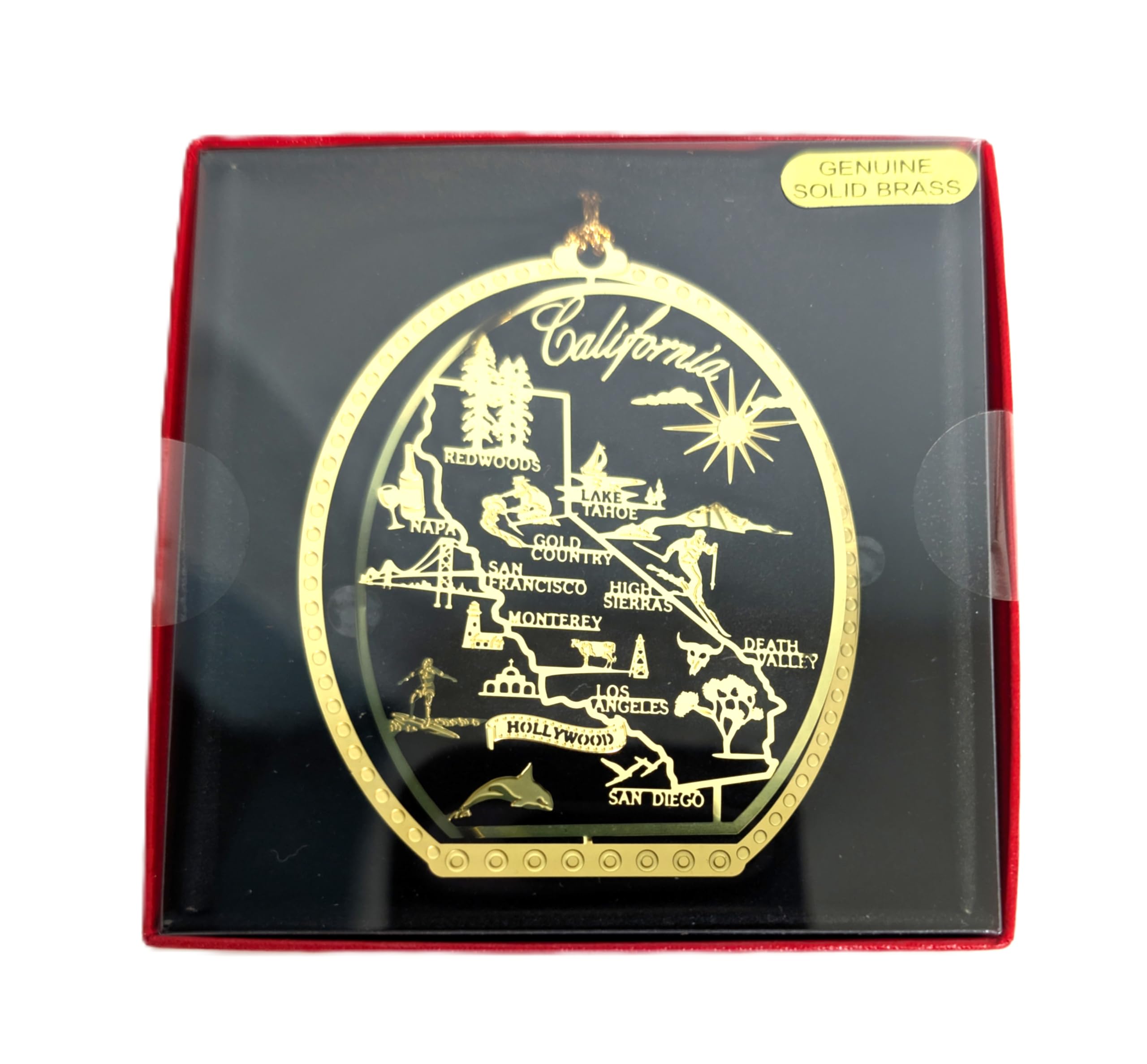 Nation's Treasures Gold,Golden California State Brass Christmas Ornament San Francisco La Hollywood San Diego Famous Landmarks