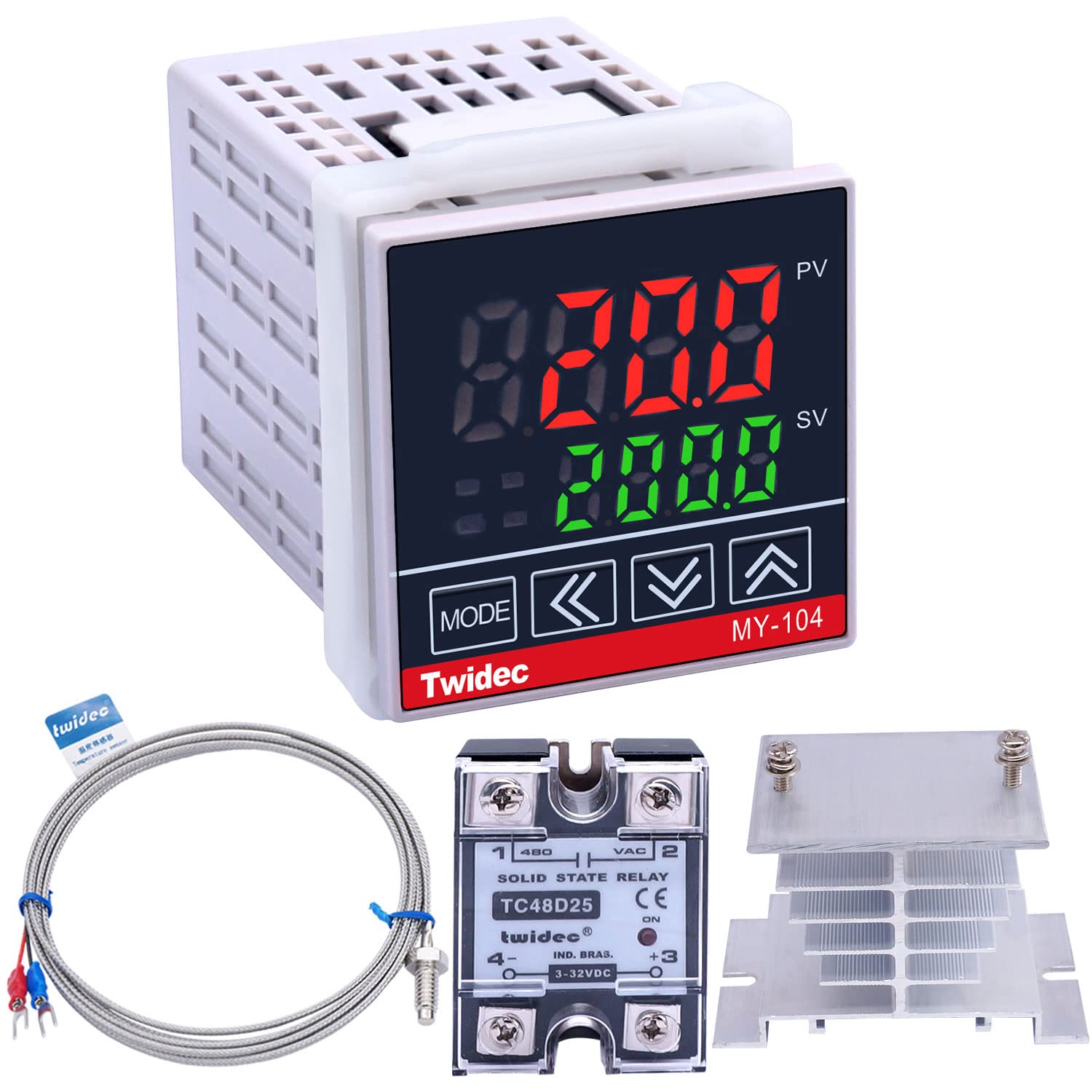 Twidec/MV100-B10 Digital Display PID Temperature Controllers Thermostat Regulator AC 85V - 265V MY-104+ K Sensor Thermocouple + Heat Sink and Solid State Relay SSR 25 DA