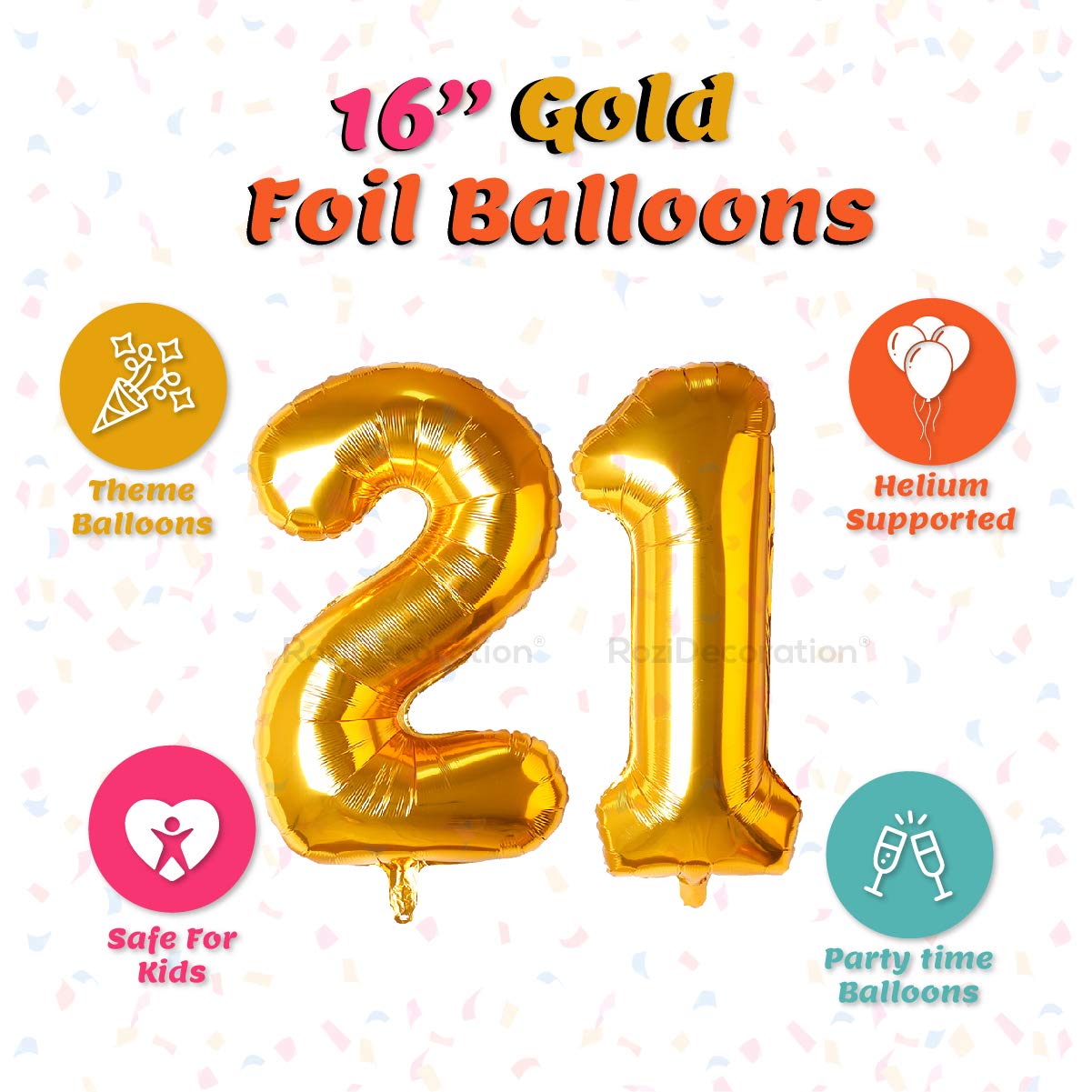 Rozi Decoration Foil 21 Number Balloon Helium Supported 16? Inch Golden Number For Birthday Decoration | 21Th Anniversary Decoration | 21 Birthday Decoration Items Pack Of 2 Pcs 4