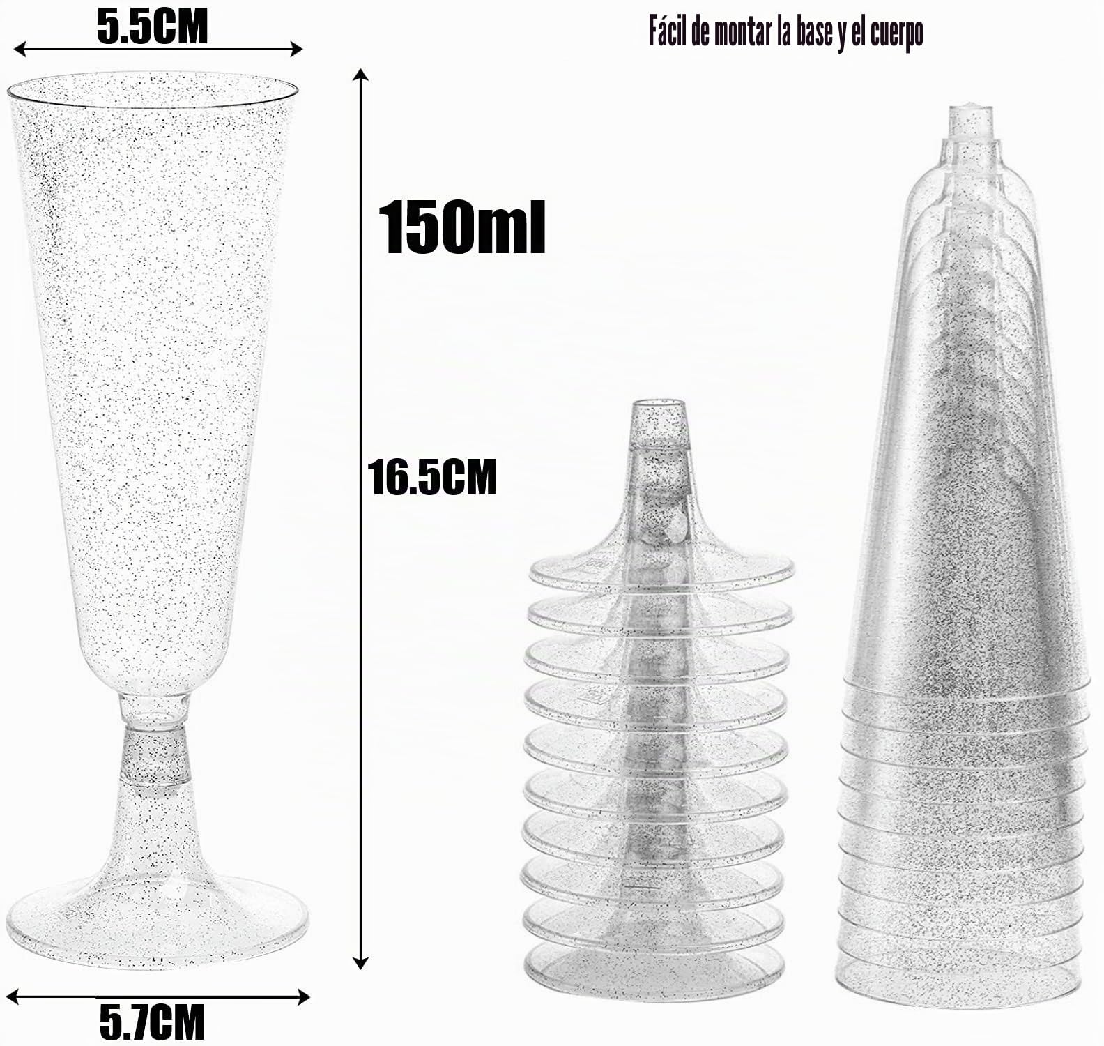 LATERN 50 Piezas Brillo Plateado Copas de Champán, 150ml Copas de Champán de Plástico Copas de Vino de Fiesta con Tallo Reutilizables para Fiestas de Aniversario Bodas Jardín (5,5 x 16,5cm)