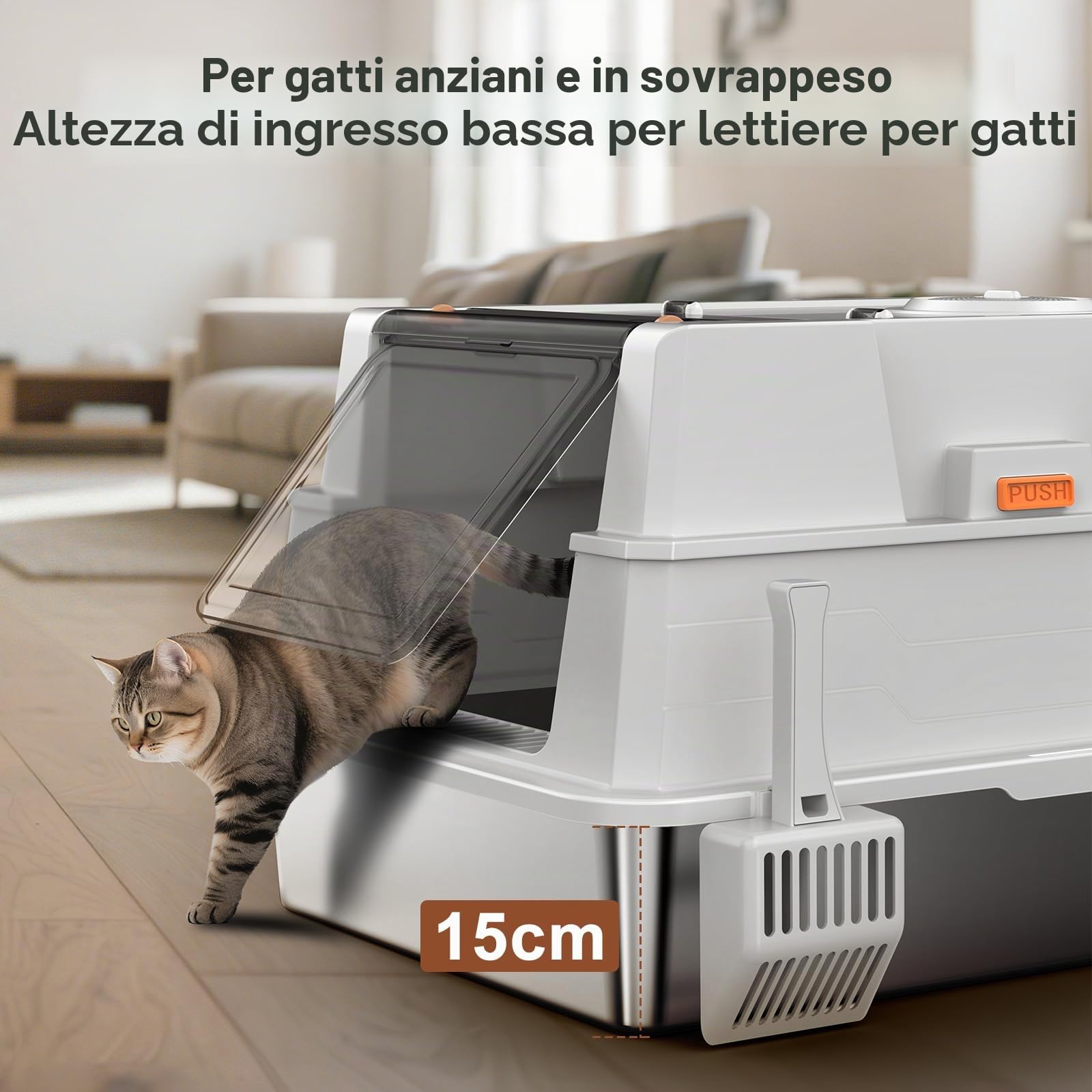 MIXJOY Lettiera per gatti in acciaio inox con coperchio, grande 71 x 51 x 42 cm, per gatti di taglia grande e per famiglie con più gatti, modalità chiusa, semiaperta e aperta, di grandi dimensioni con