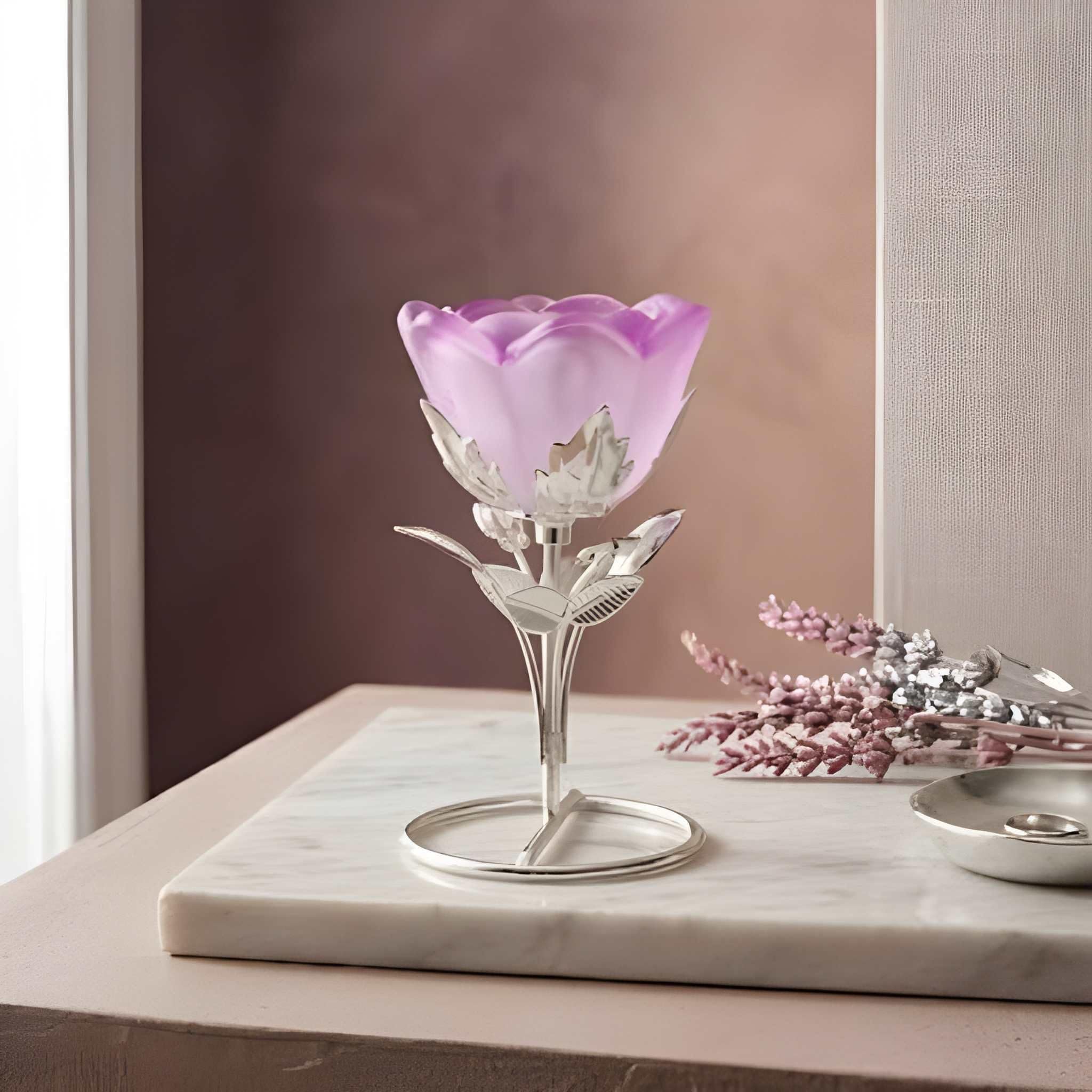 Rose-Shaped Glass Candle Holder with Intricate Silver-Finish Metal Stand Resin, Silver Plated 1 - Cup Candle Holder (Pink, Pack of 1)-image-20