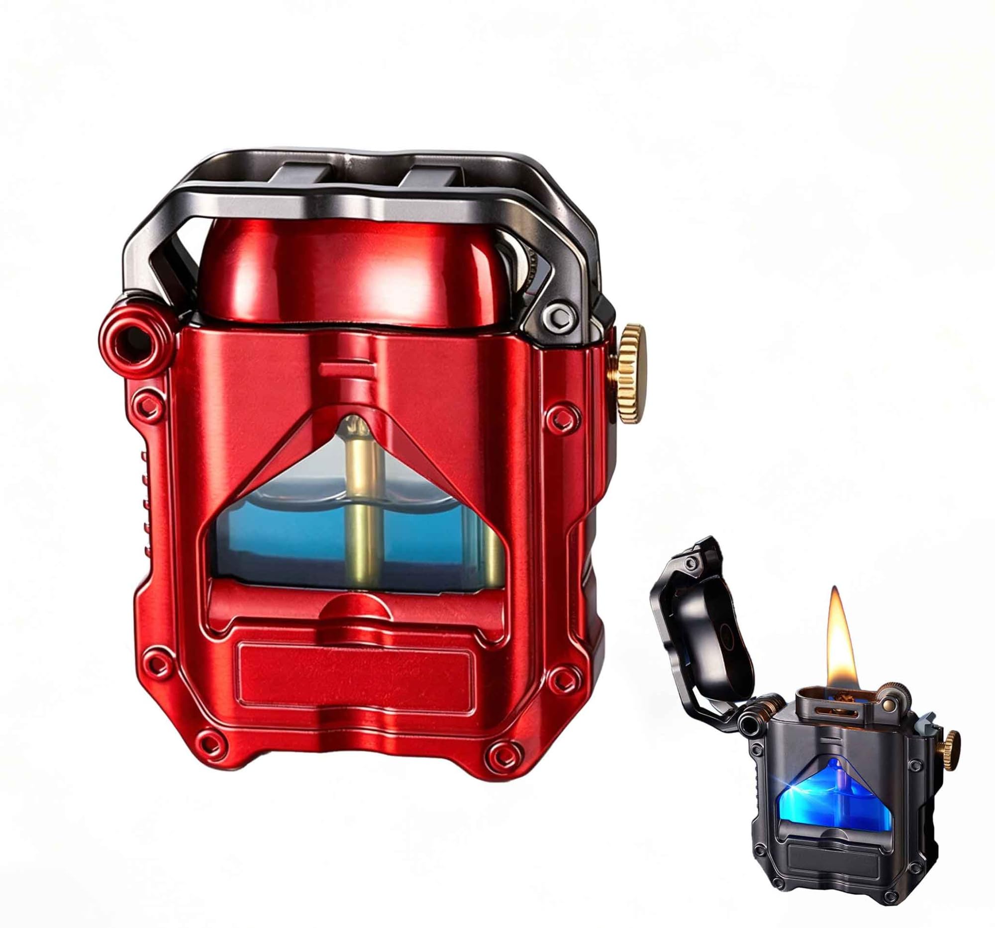 Retro Metal Mech Kerosene Lighters — Vintage Flint-Wheel Ignition Lighter with Visible Fuel Tank — A Gift for Men (for Camping & Candles) — Fuel Not Included(Red)