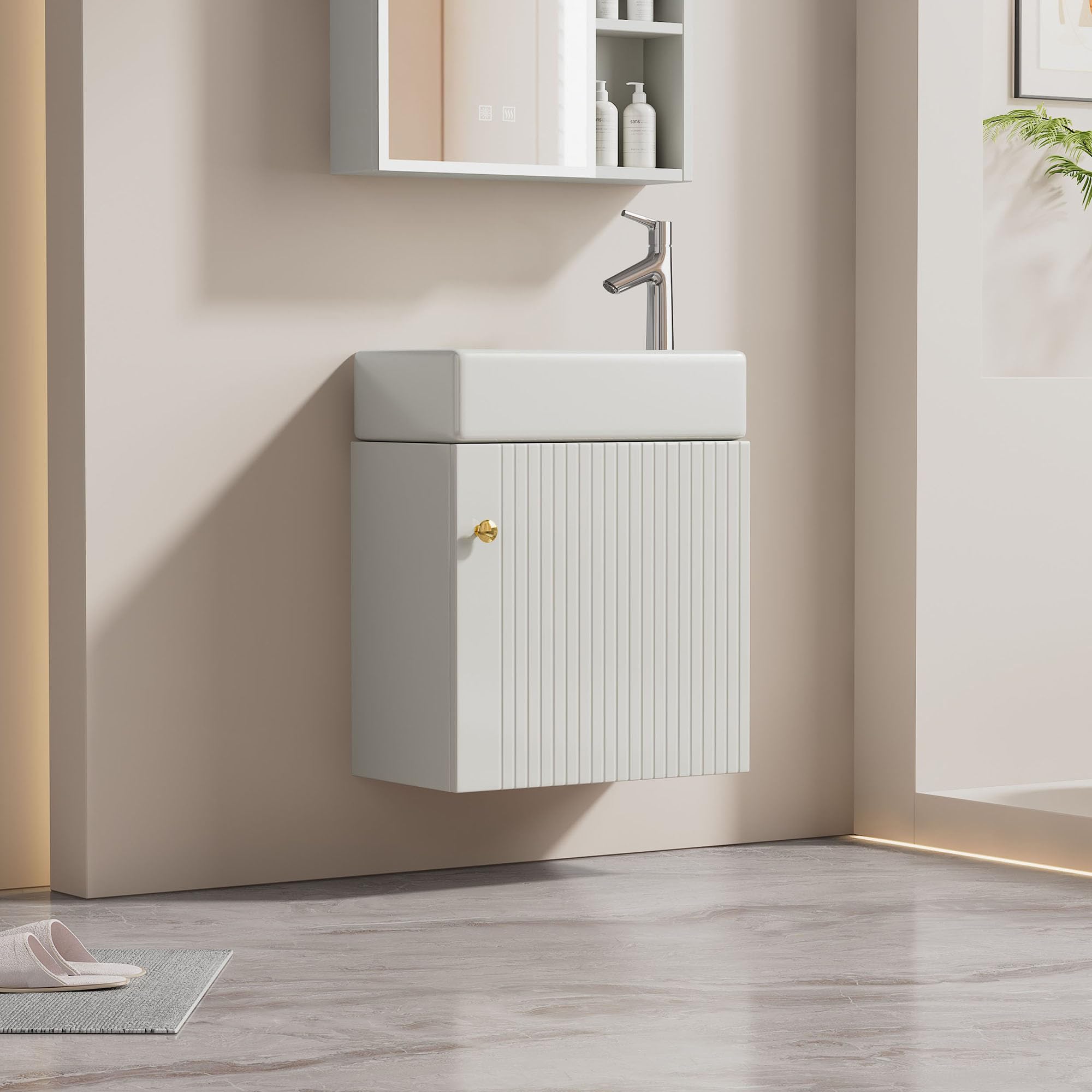 Meuble Salle de Bain avec Vasque Moderne, Vasque en Céramique avec Meuble Sous-vasque 46 cm, Meuble Vasque Suspendu, Petit Meuble Salle de Bain pour Invités, Meuble Vasque WC, Gris/Blanc/Naturel